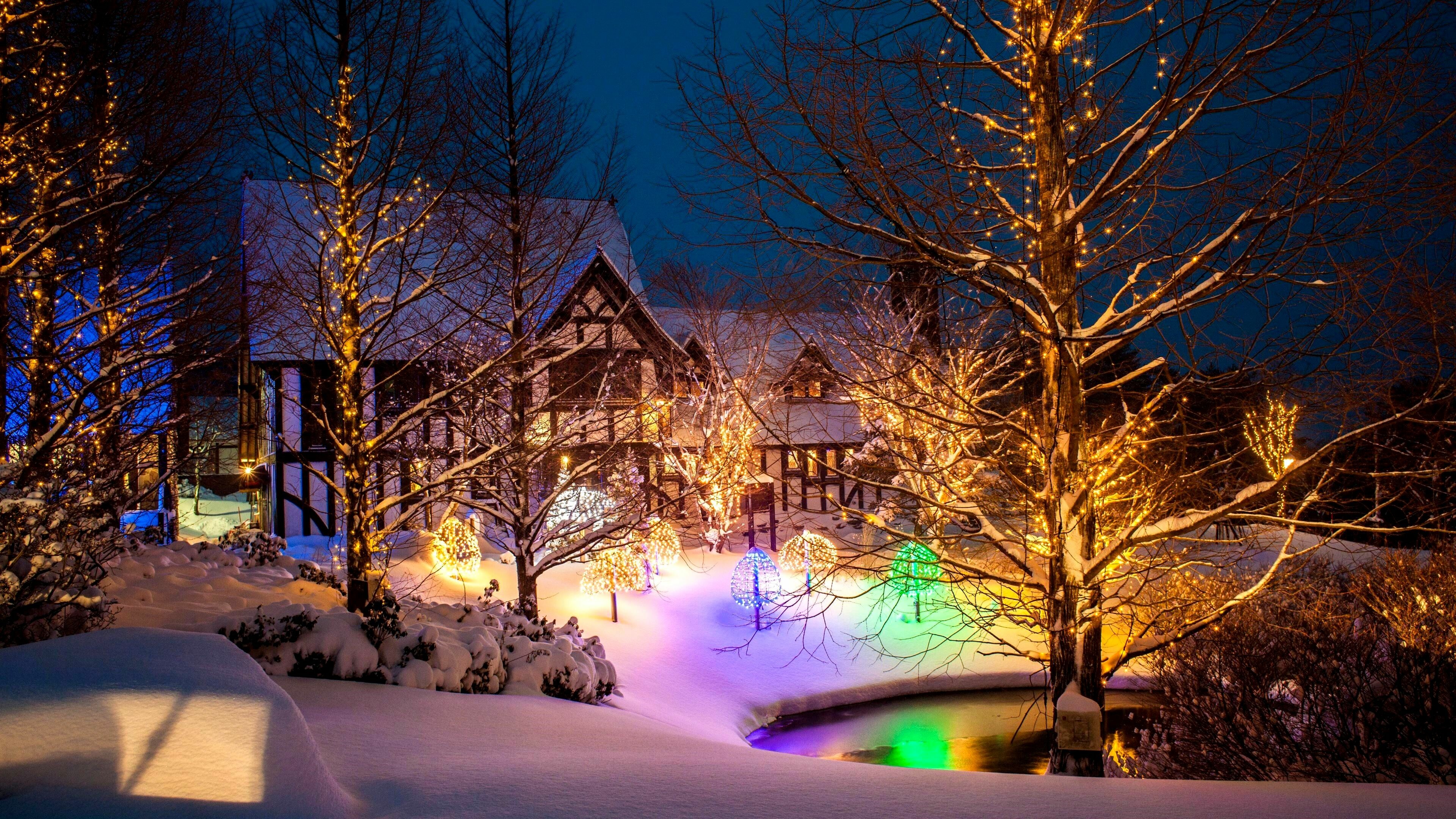 Weihnachtsdorf, 4K-Hintergrundbilder, Festliche Szenen, Winterwunderland, 3840x2160 4K Desktop