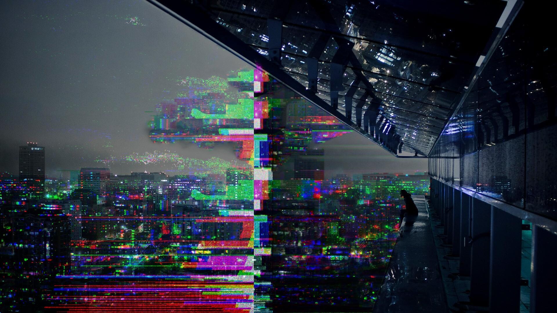 Glitch: Aesthetic computer art, City landscape, Misplaced pixels, Digital malfunction. 1920x1080 Full HD Wallpaper.
