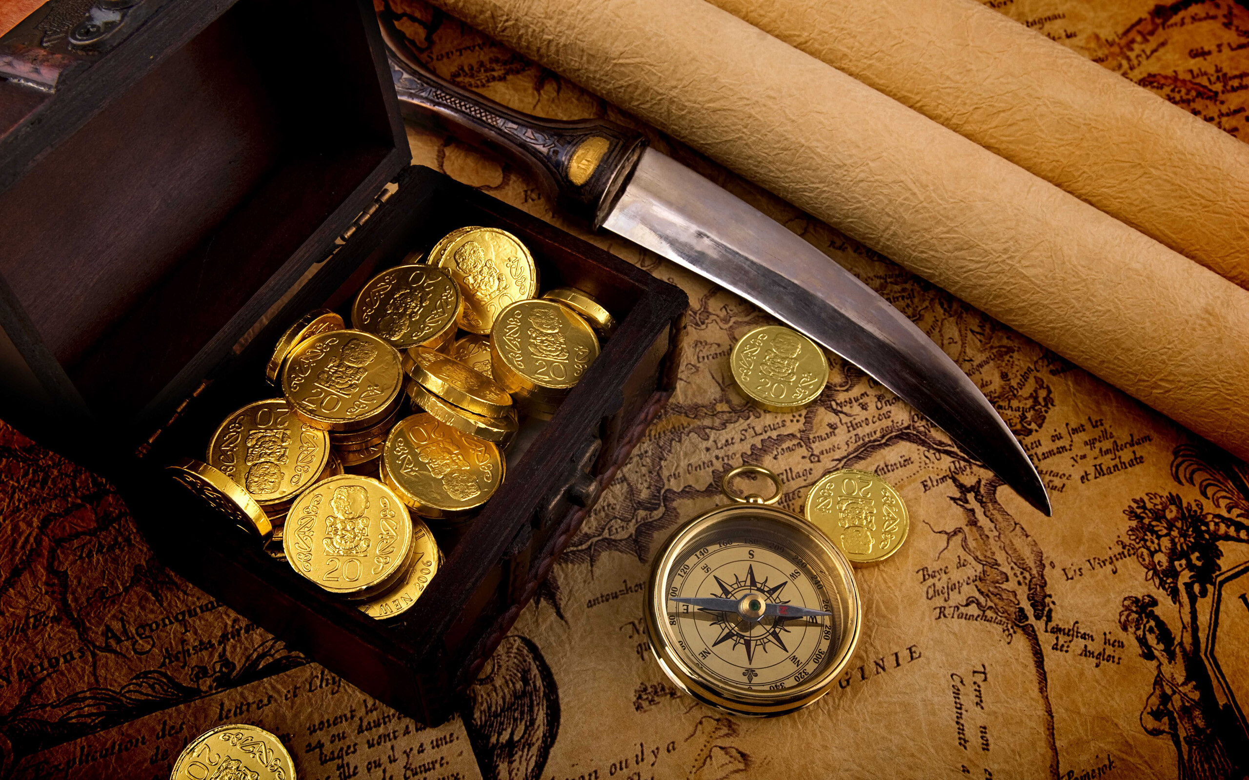 Gold Coins: A treasure box, Treasure, Mariner's compass and vintage map, Dirk. 2560x1600 HD Wallpaper.