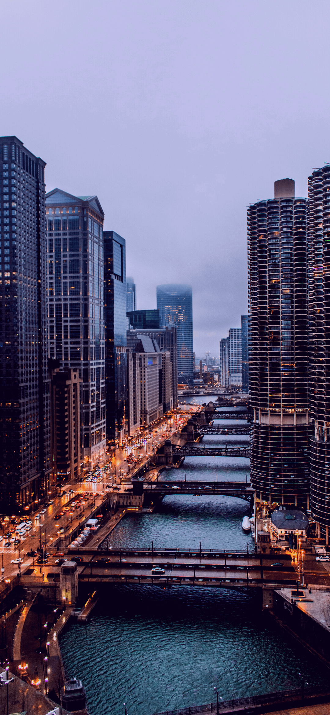 City: Chicago river crosses the center of the same-name megapolis, The origin place for 20th-century gangsters. 1080x2340 HD Background.
