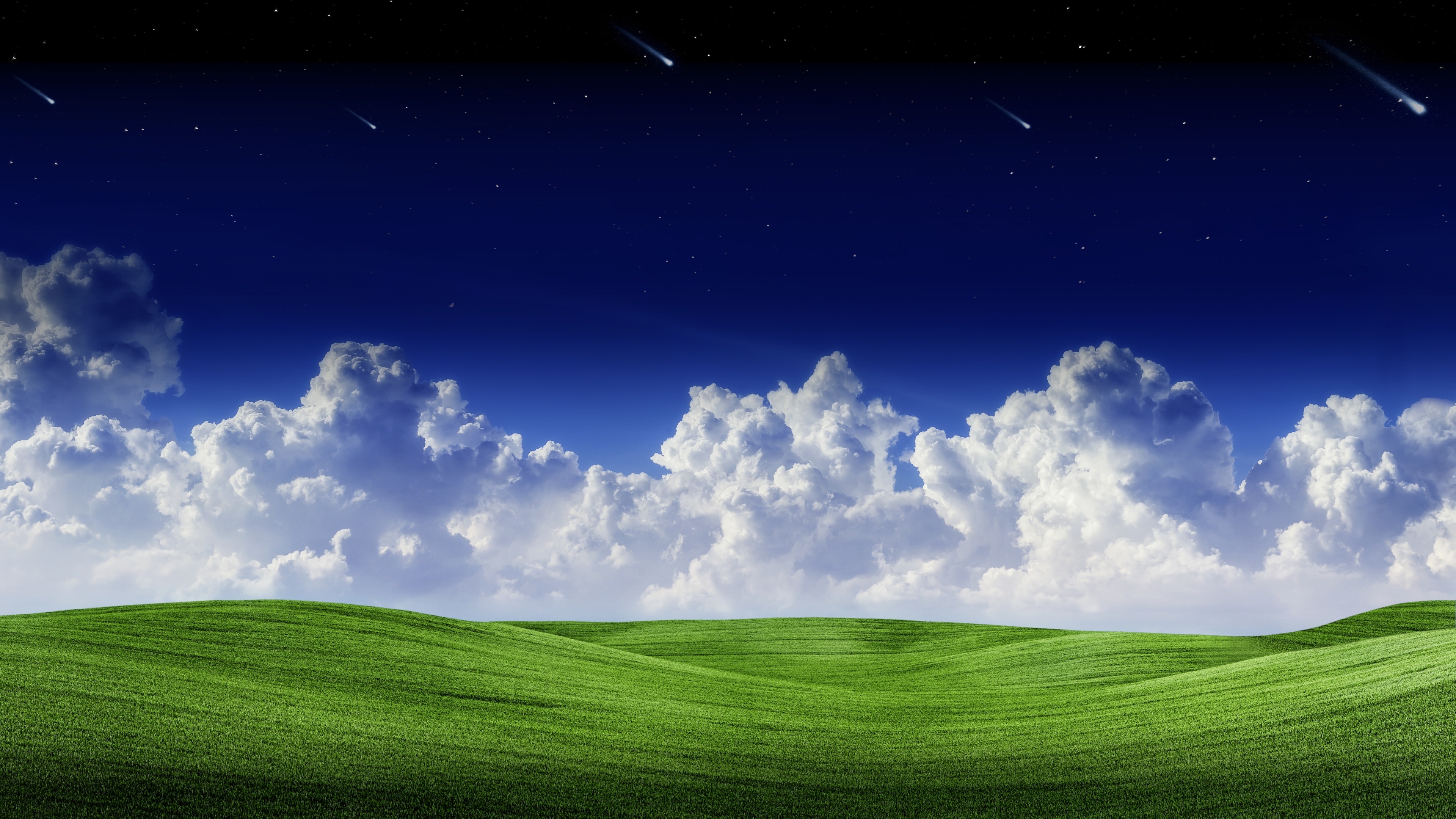 Grass and Sky: Landscape, Clouds, Green hills, Starry sky, Falling stars, Nature. 3840x2160 4K Background.