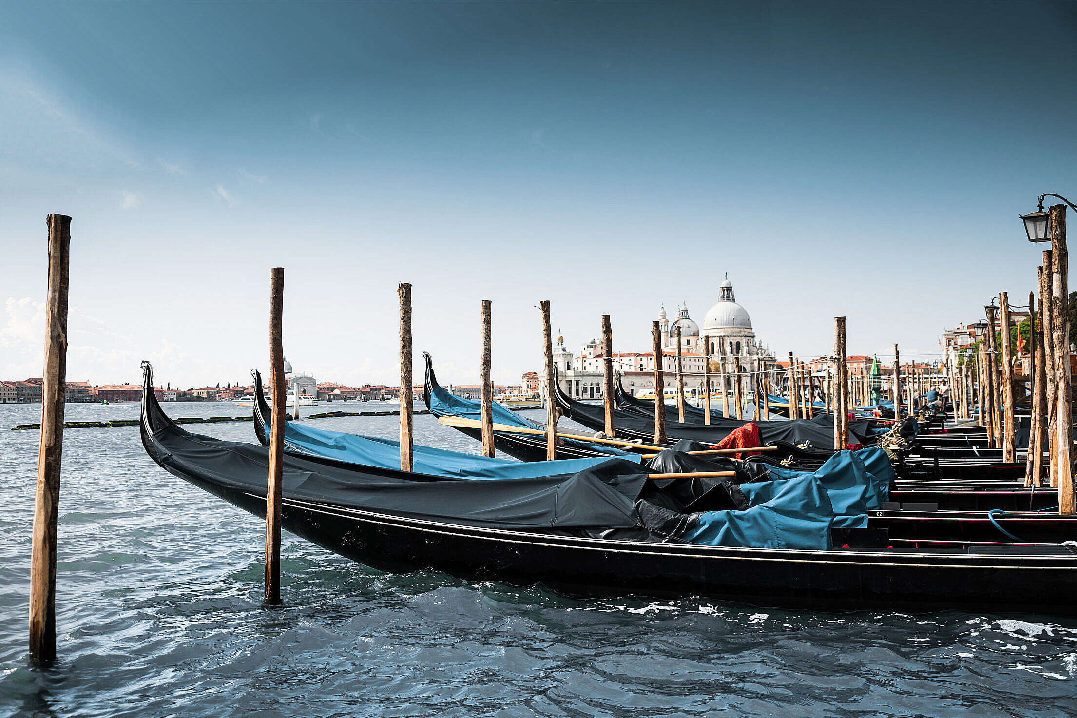 Gondola: Boats in Venice at their moorings, Italy, Water transport. 2210x1480 HD Wallpaper.
