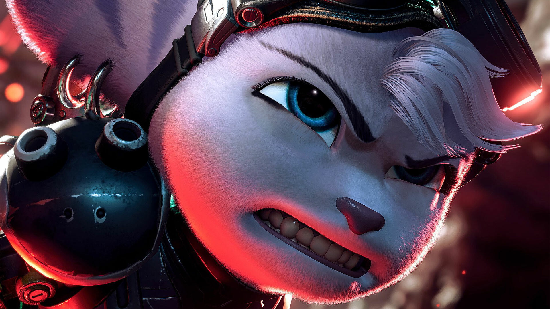 Ratchet and Clank: Rift Apart: Rivet, A lombax with white fur with pigeon blue stripes. 1920x1080 Full HD Background.