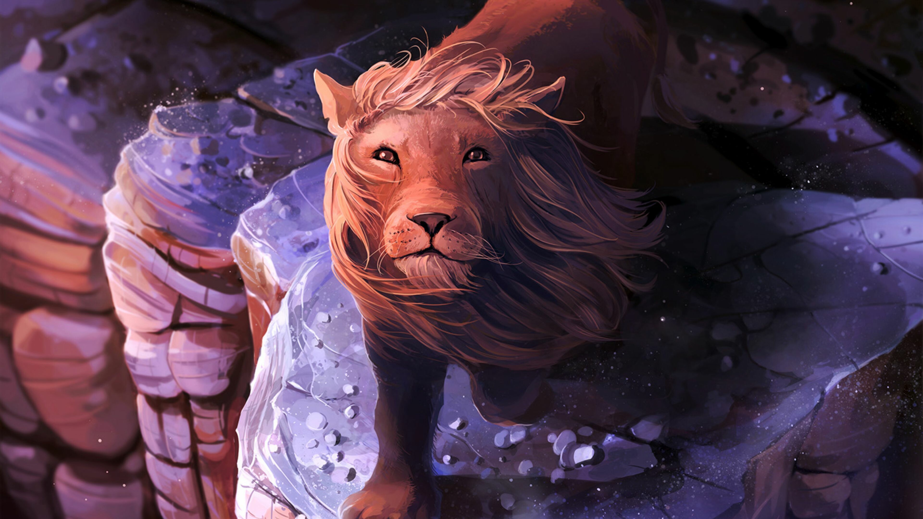 Lion: Cultural depictions of lions were prominent in Ancient Egypt, and depictions have occurred in virtually all ancient and medieval cultures in the lion's historic and current range, Fantasy art. 3840x2160 4K Wallpaper.