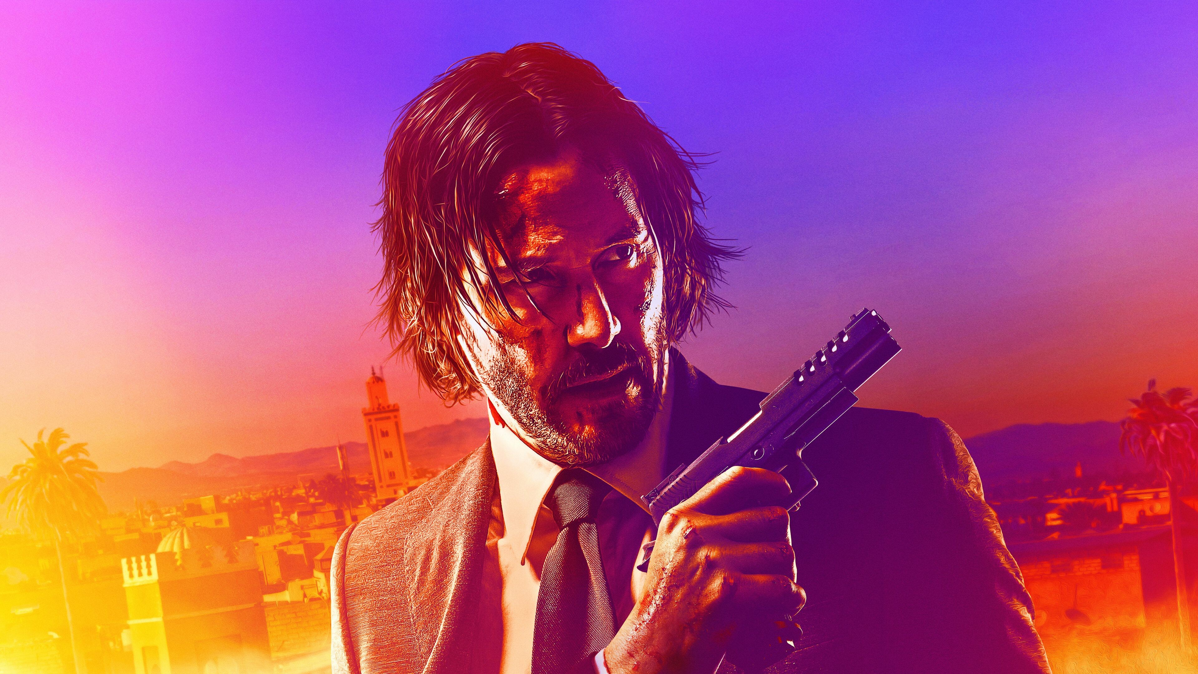 Keanu Reeves: The titular protagonist of the neo-noir action thriller film series, John Wick: Chapter 3. 3840x2160 4K Background.
