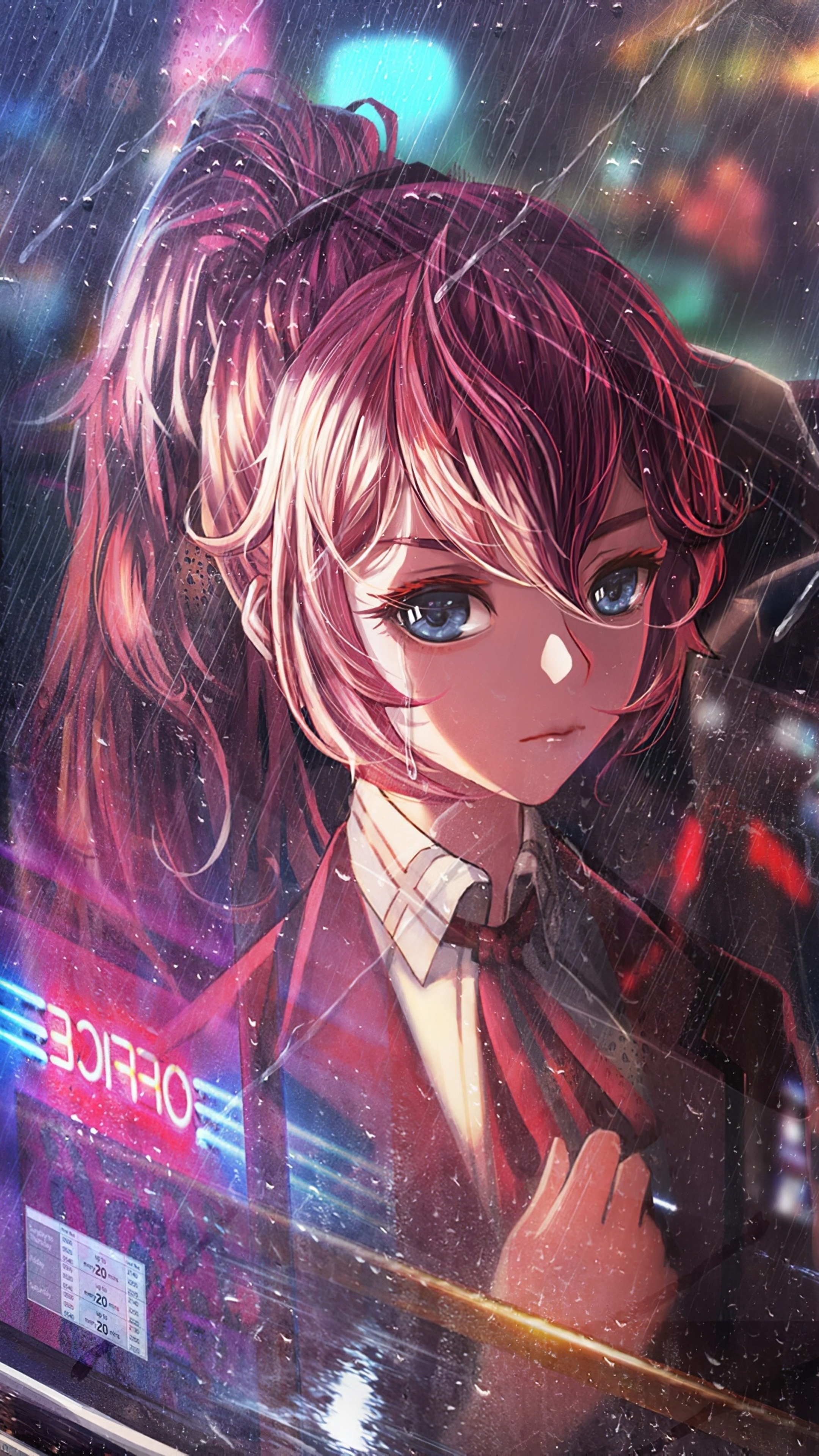 Anime Girl: Bus Window, Neon City, Illustration. 2160x3840 4K Background.
