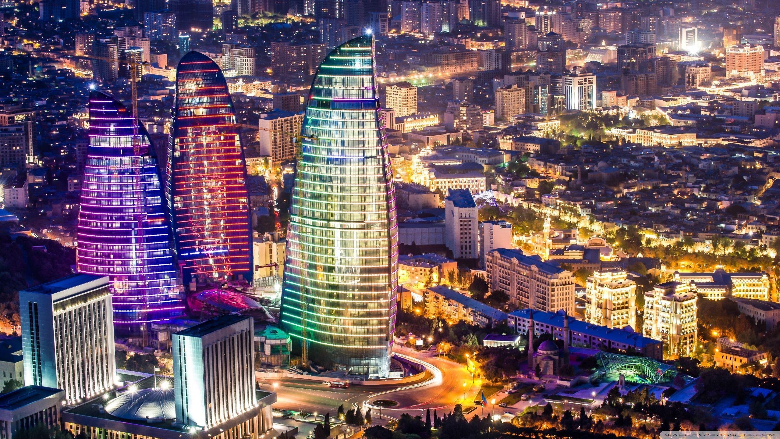 Azerbaijan: Azerbaijan's capital and largest city, Night city view. 2560x1440 HD Background.