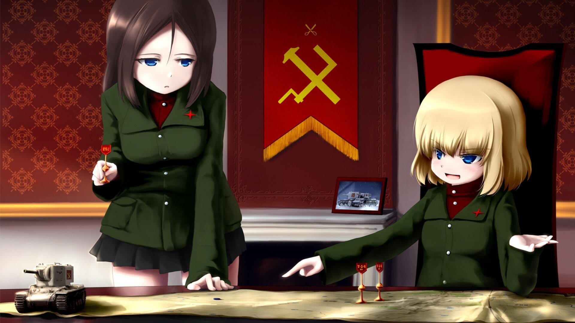 Girls und Panzer: A Soviet Russia-themed school, Pravda, Katyusa, USSR symbols. 1920x1080 Full HD Background.
