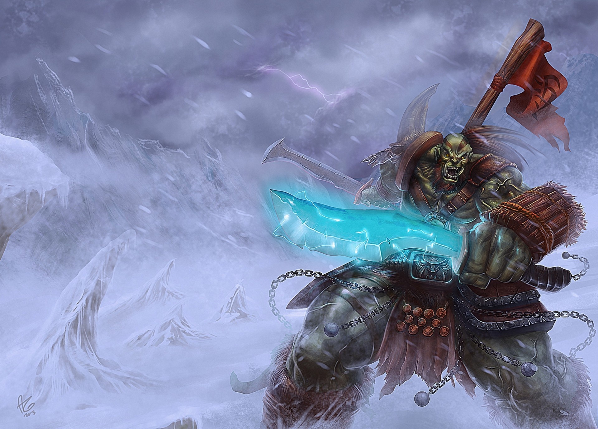 Snow sword wallpaper, World of Warcraft orc, Ominous banner, Winter warfare, 1920x1380 HD Desktop