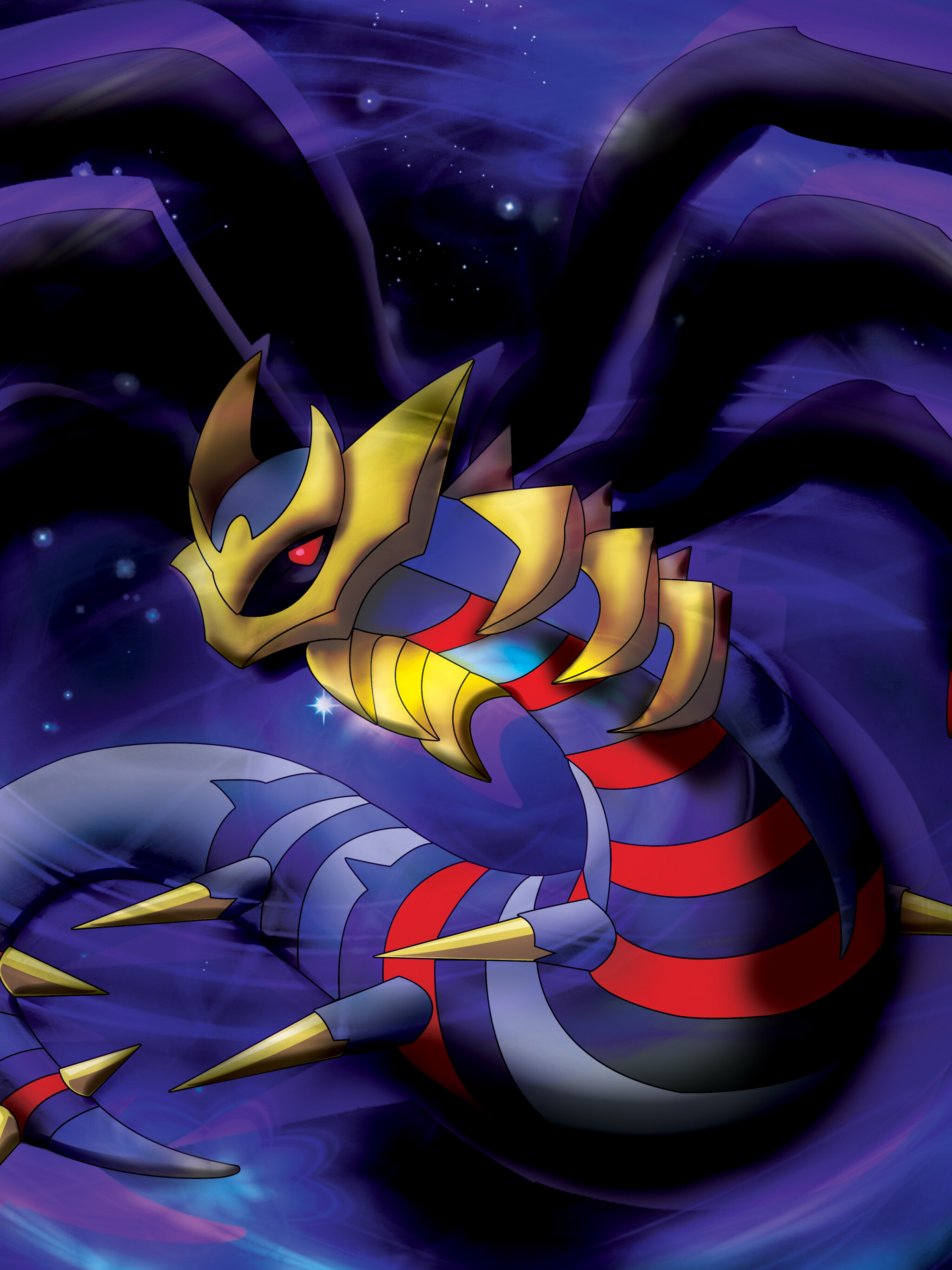 Giratina: Large, draconic Pokemon with three gold half-rings on each side of its long neck, Creature. 2050x2740 HD Wallpaper.