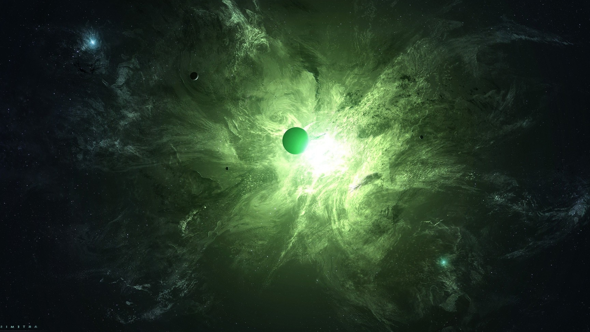 Green Nebula: A group of planets in deep space, The interstellar radiation field. 1920x1080 Full HD Wallpaper.