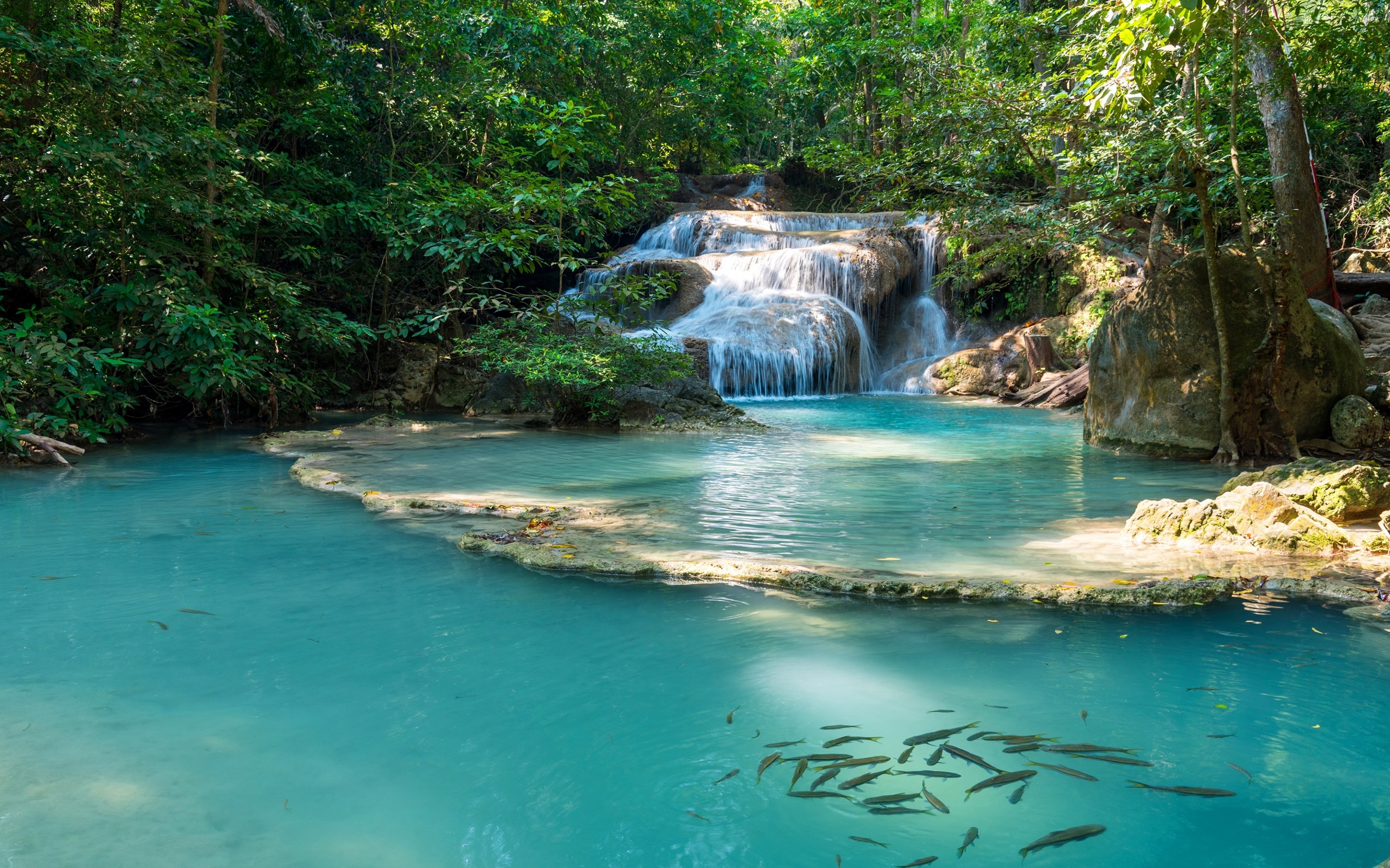 Erawan National Park, Waterfall paradise, Serene blue lake, Tropical rainforest, 2880x1800 HD Desktop