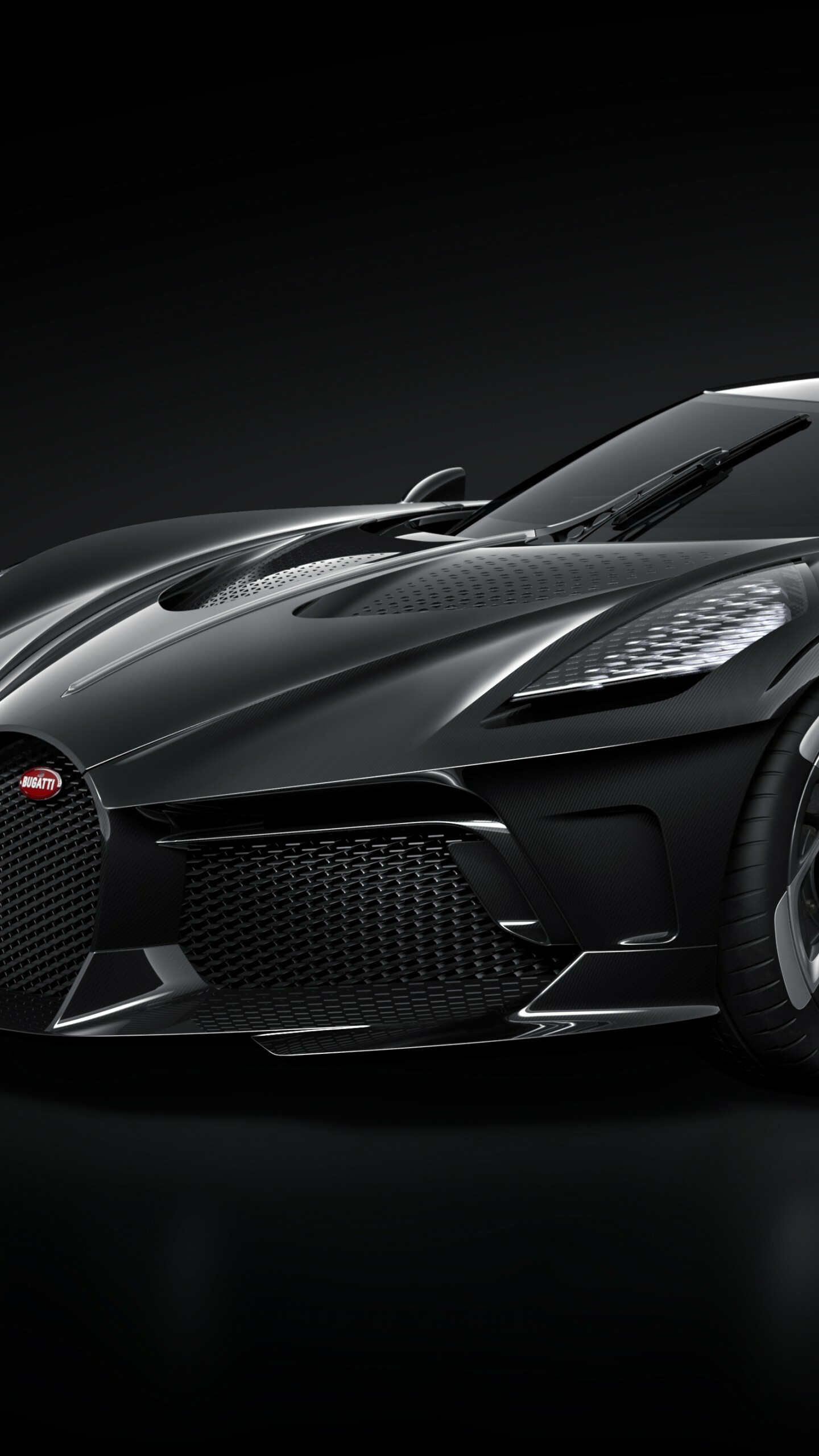 Bugatti La Voiture Noire: The car is inspired by the emblematic Fireball and Type SC57 Atlantic of 1930. 1440x2560 HD Background.