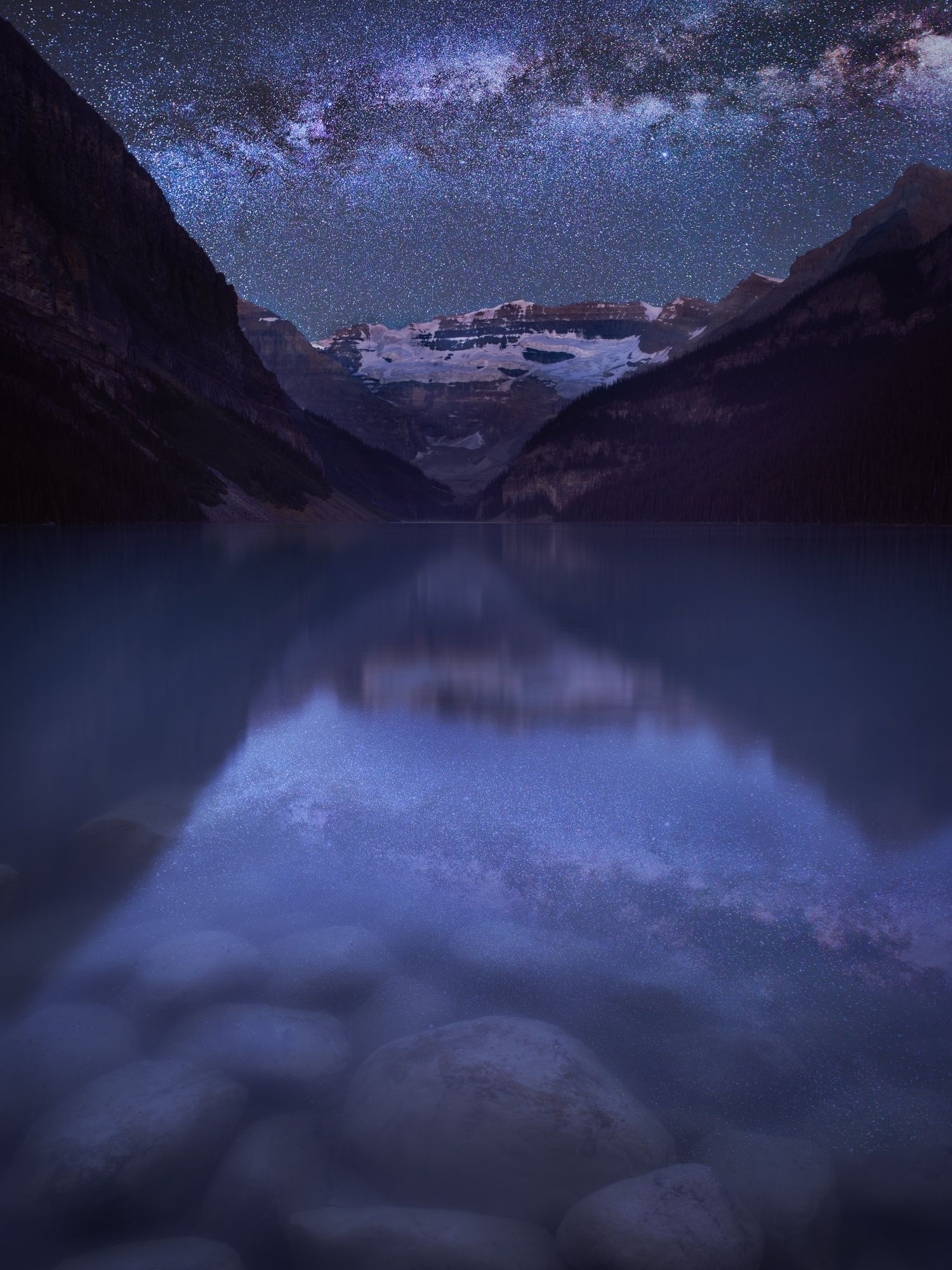 Milky way, Lake Louise, Night sky wonders, Captivating landscape, 1500x2000 HD Phone