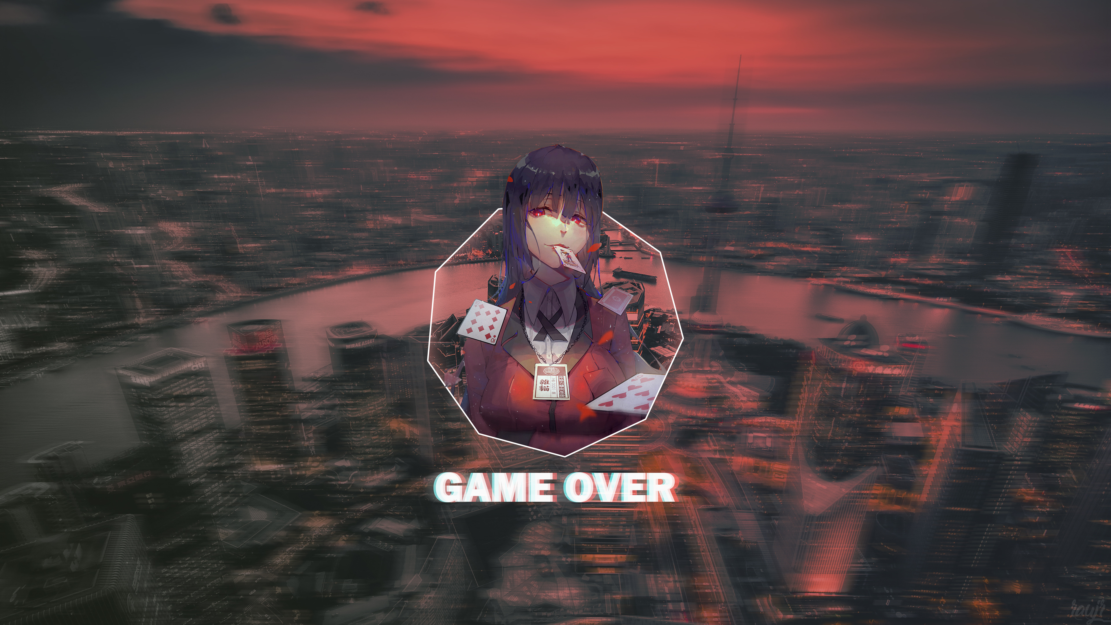 Game Over, Picture in picture, Anime landscape, Red eyes, 3840x2160 4K Desktop