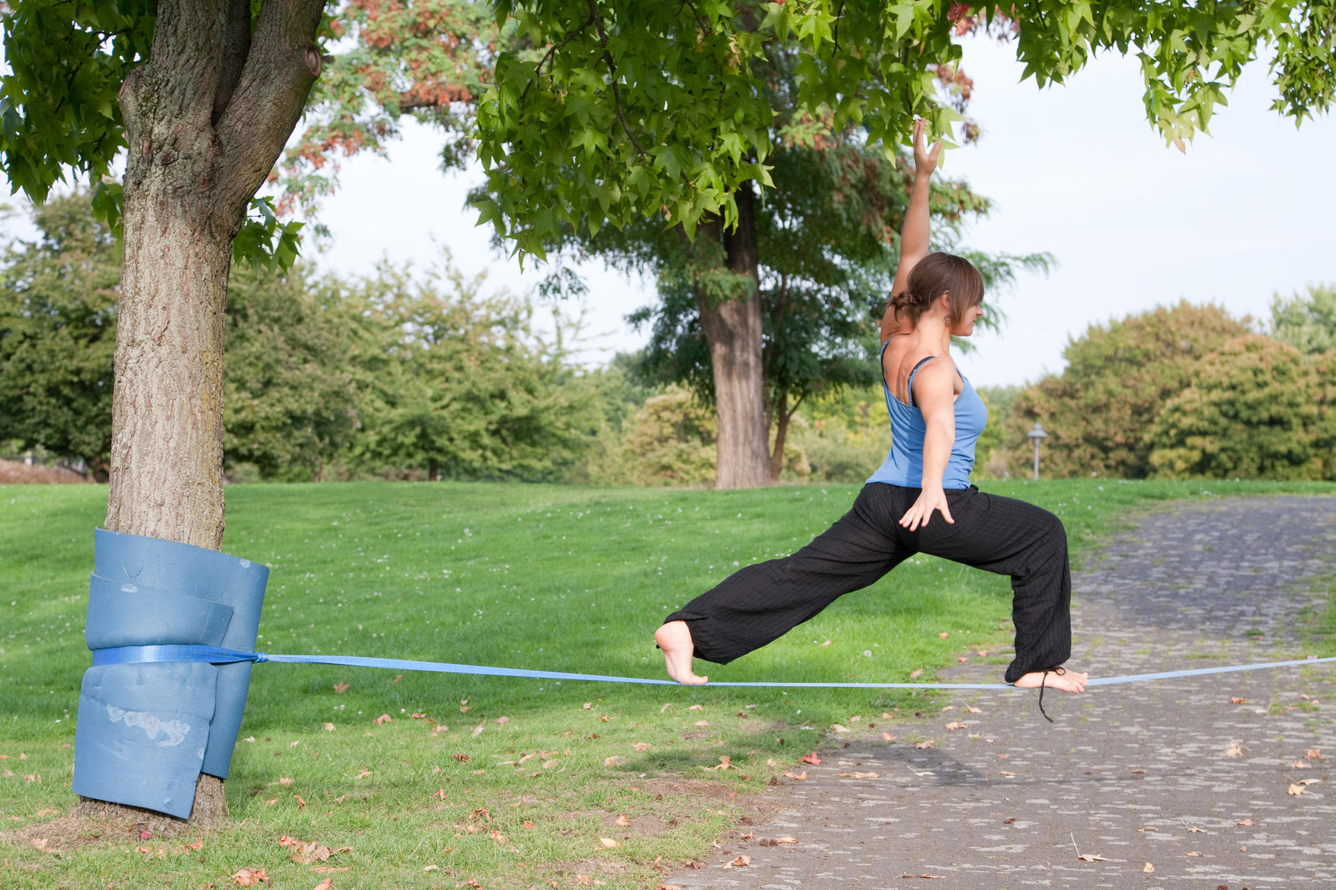 Slacklining: Slackline yoga in the park, Standing postures, Outdoor balance practice. 1920x1280 HD Background.