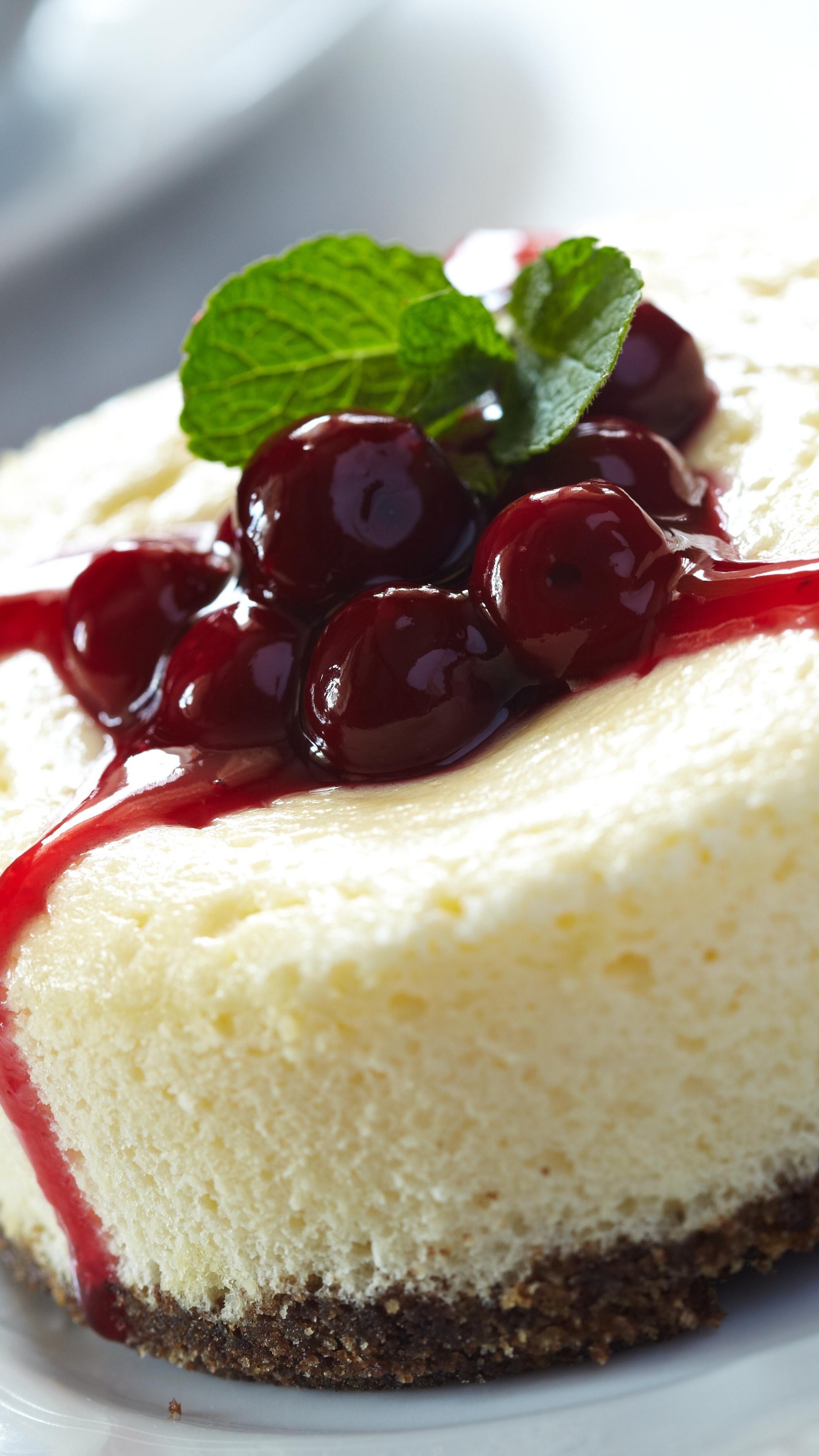 Cheesecake: Usually sweetened with sugar, Cherry, Jam, Mint. 2160x3840 4K Background.