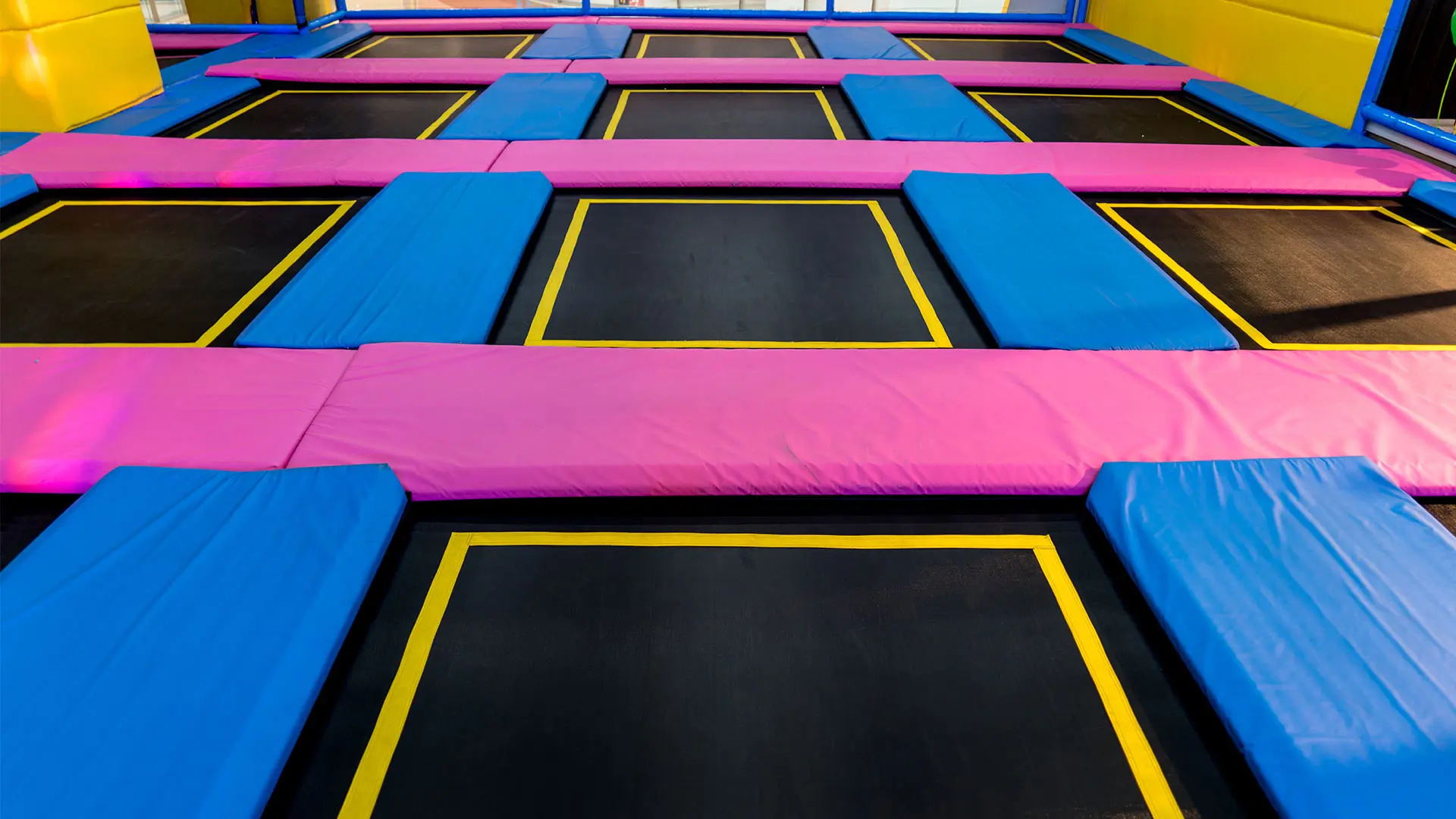Trampolining: A public trampoline park, A gymnastics and acrobatics facility for active recreational sports. 1920x1080 Full HD Wallpaper.