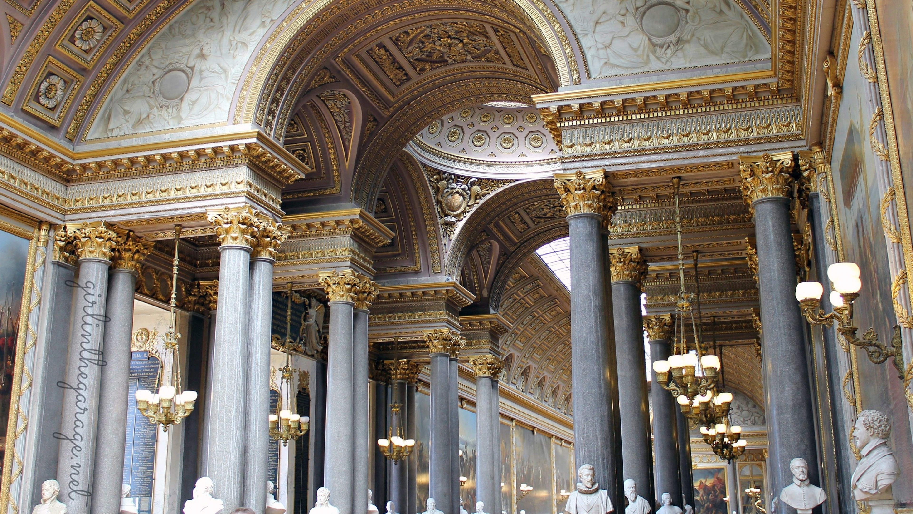Palace of Versailles, Columns, Gold marble, France buildings, 3840x2160 4K Desktop