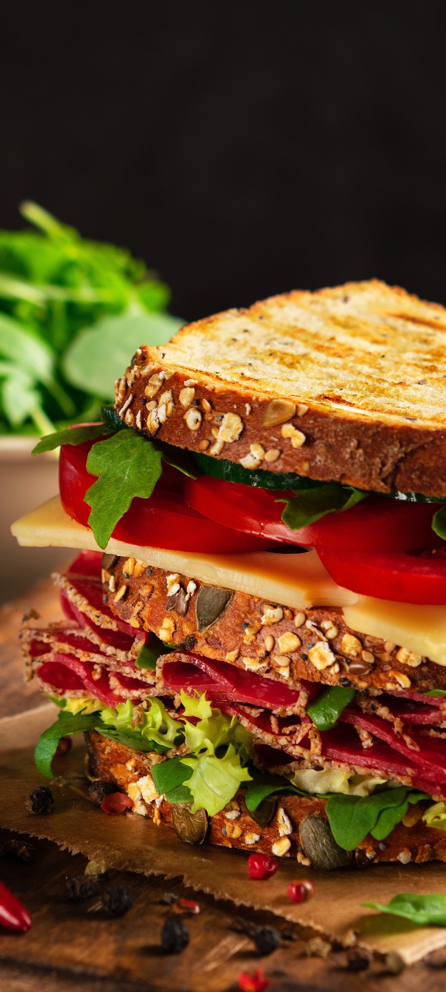 Sandwich: A food item typically consisting of two slices of bread. 1440x3200 HD Background.