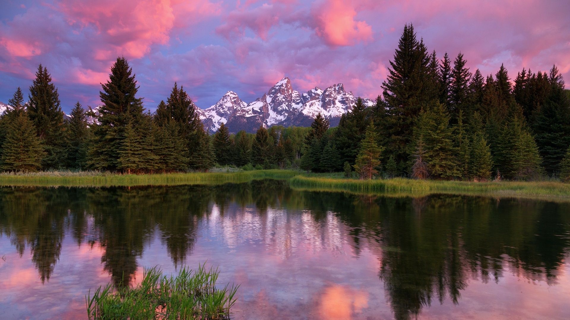 Teton Range, Majestic mountains, Tranquil lake, Beautiful forests, 1920x1080 Full HD Desktop