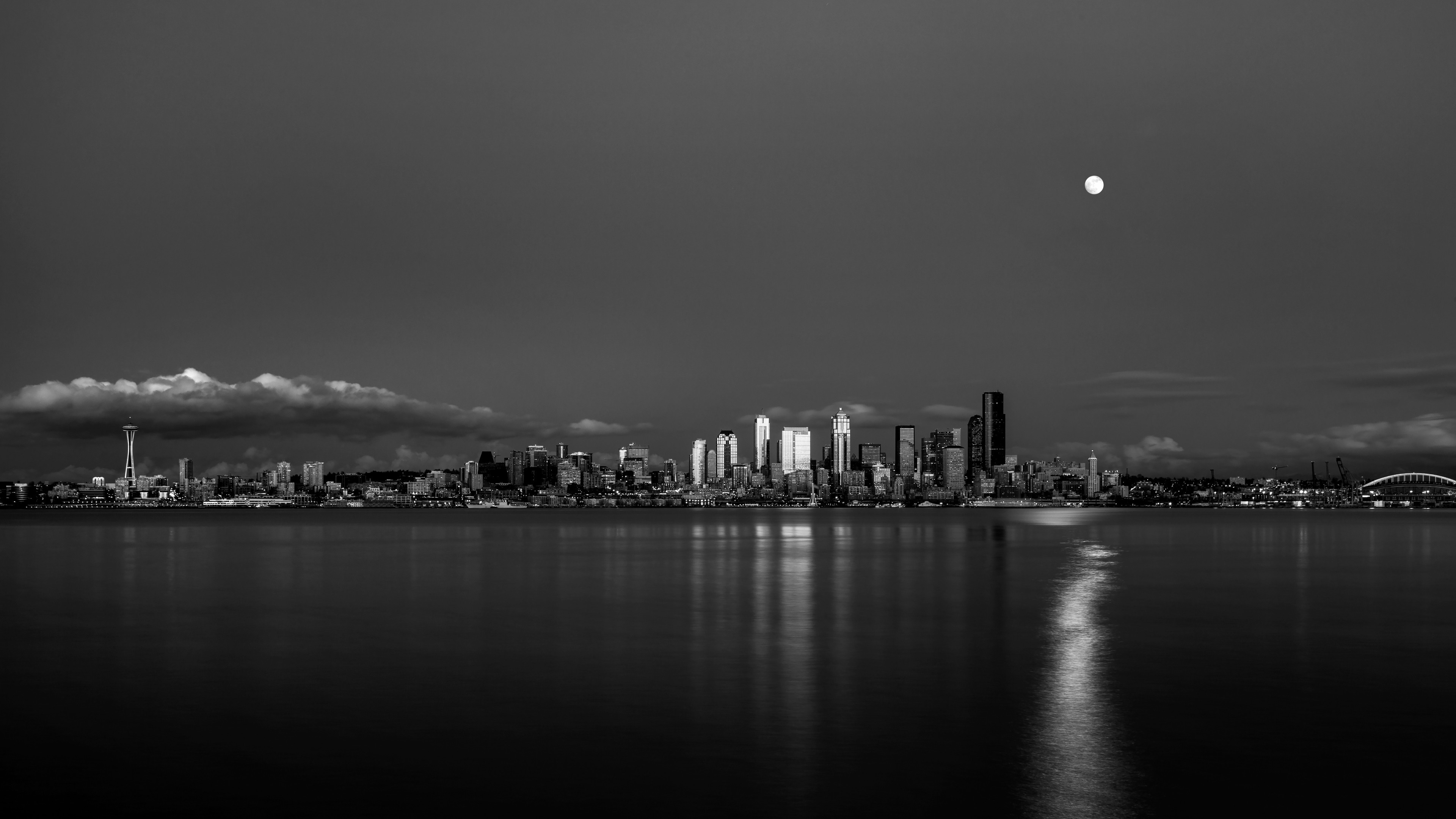 Seattle, Moon over the city, Fascinating view, Serene atmosphere, 3840x2160 4K Desktop