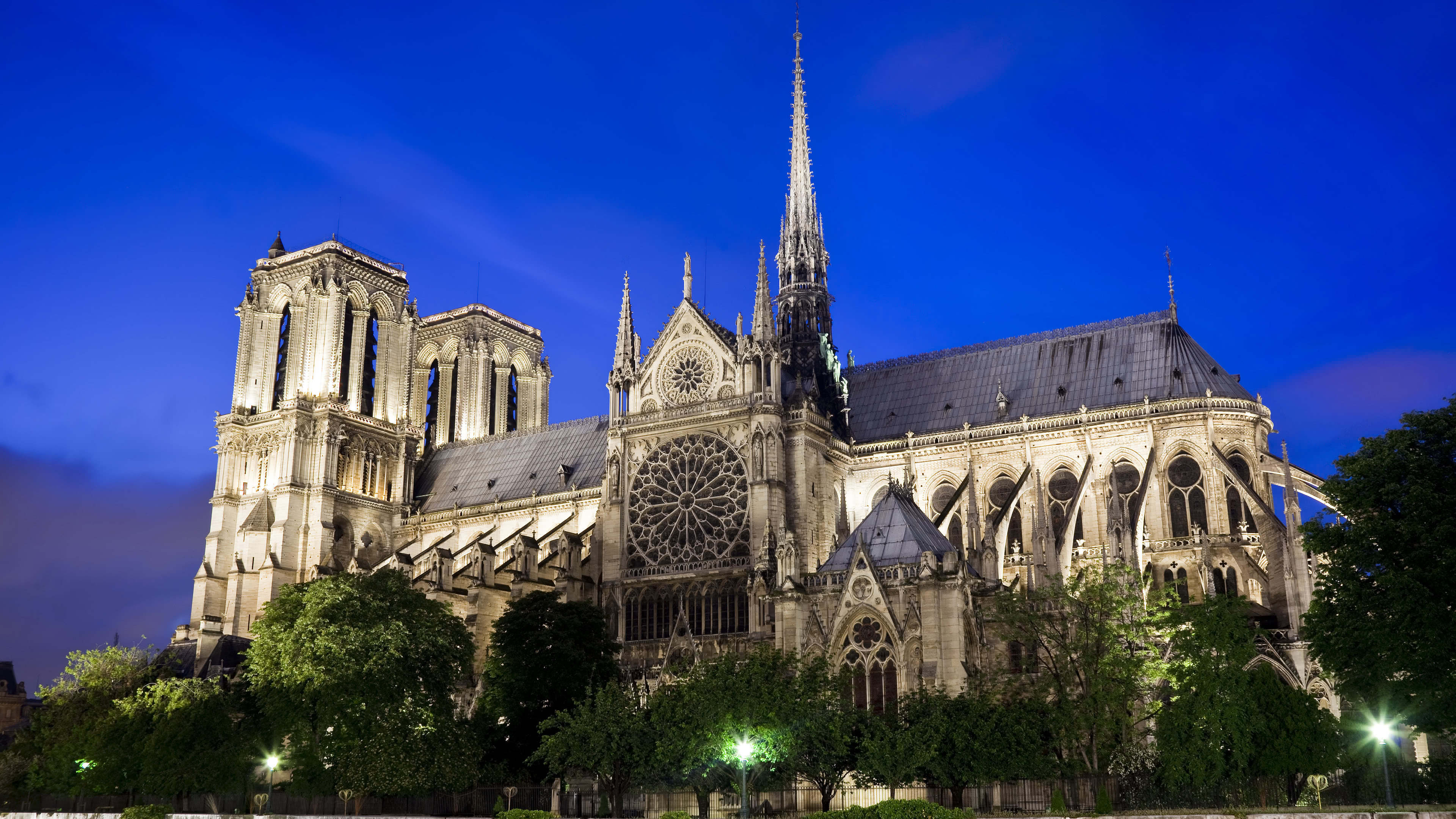 Gothic Architecture: Cathedral, Notre Dame, Paris, France, Stained-glass windows, Flying buttresses. 3840x2160 4K Background.