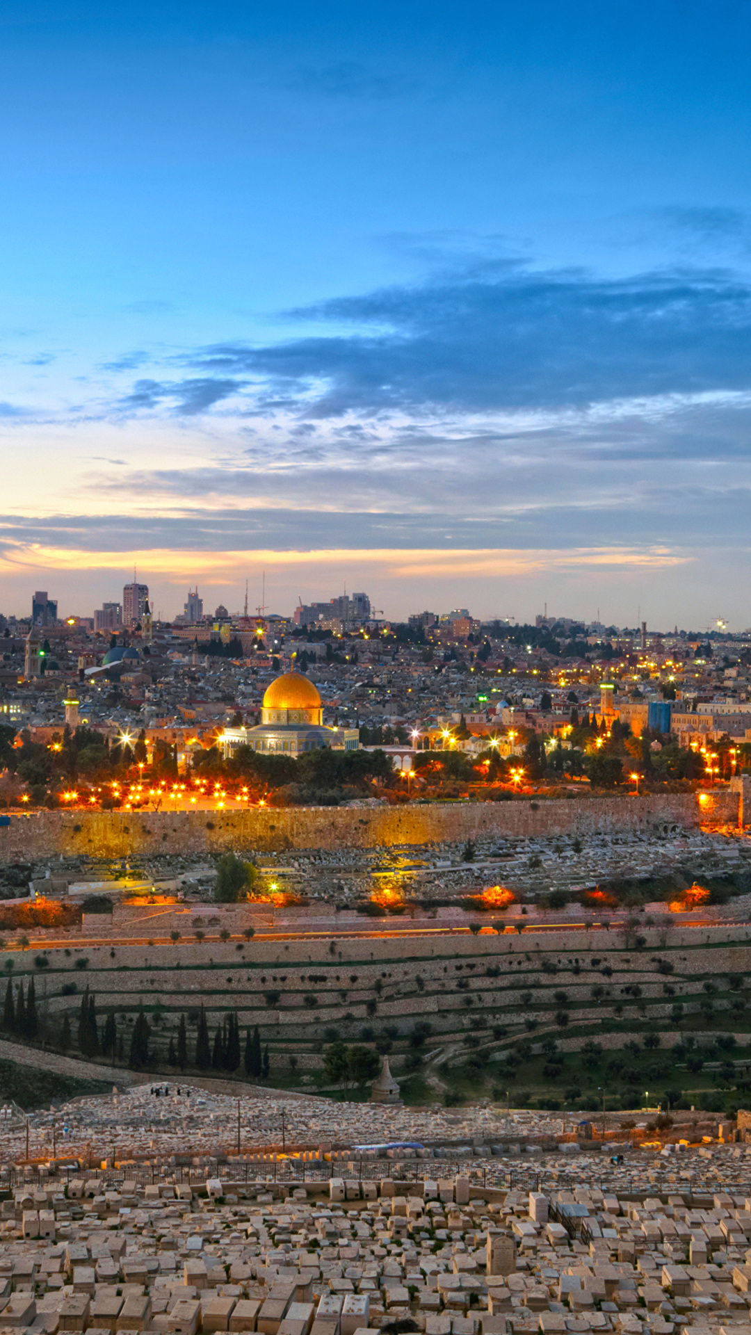 Jerusalem: Home to Jerusalem's most important and contested religious sites - the Western Wall and Temple Mount for Jews, the Dome of the Rock and al-Aqsa Mosque for Muslims, and the Church of the Holy Sepulchre for Christians. 1080x1920 Full HD Background.