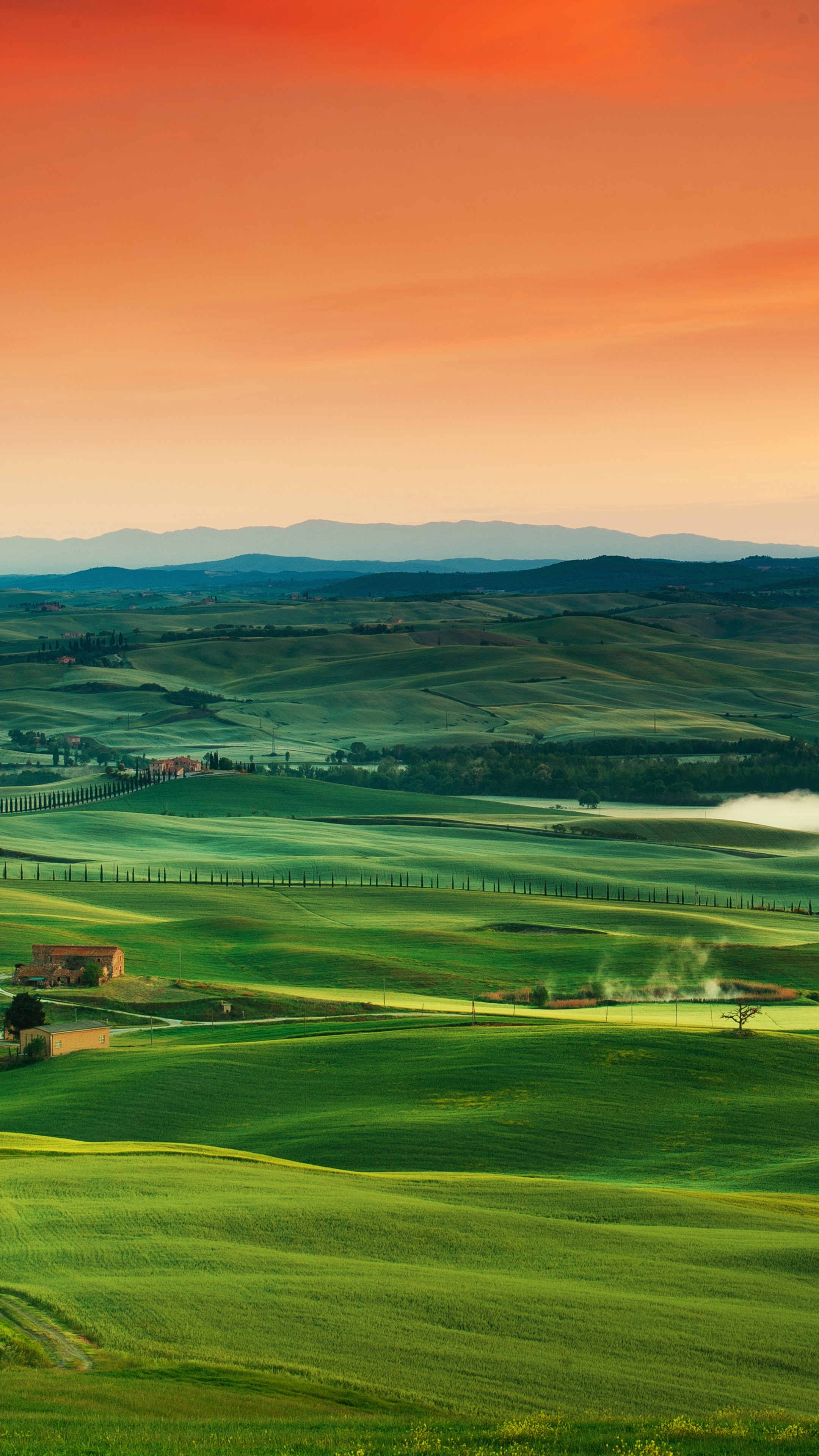 Grass and Sky: Tuscany, Italy, Landscape, Village, Field, Sunset, Nature, Plains. 2160x3840 4K Background.