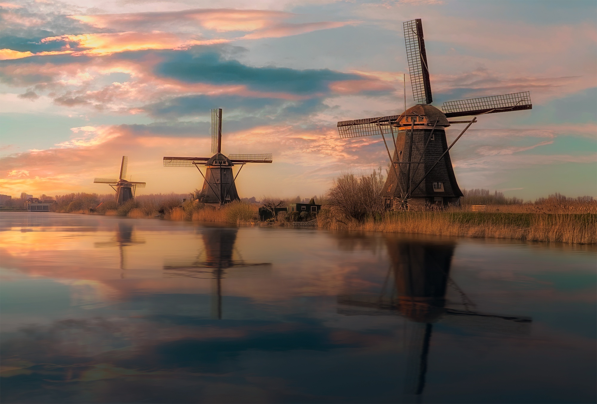 Windmills at Kinderdijk, Iconic landmarks, Dutch countryside, Scenic beauty, 2000x1360 HD Desktop