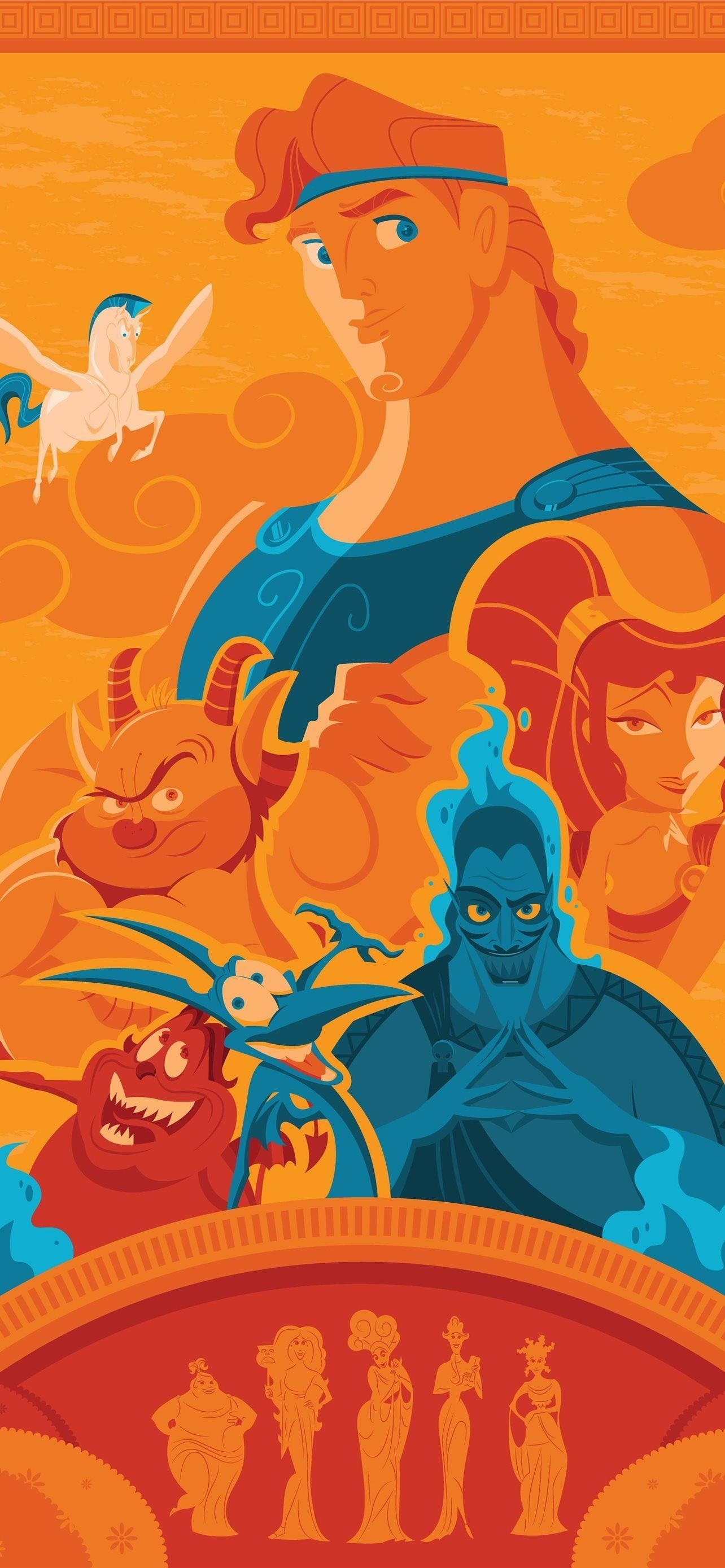 Disney's Hercules, Animated adventure, Character portraits, Greek deities, 1290x2780 HD Handy
