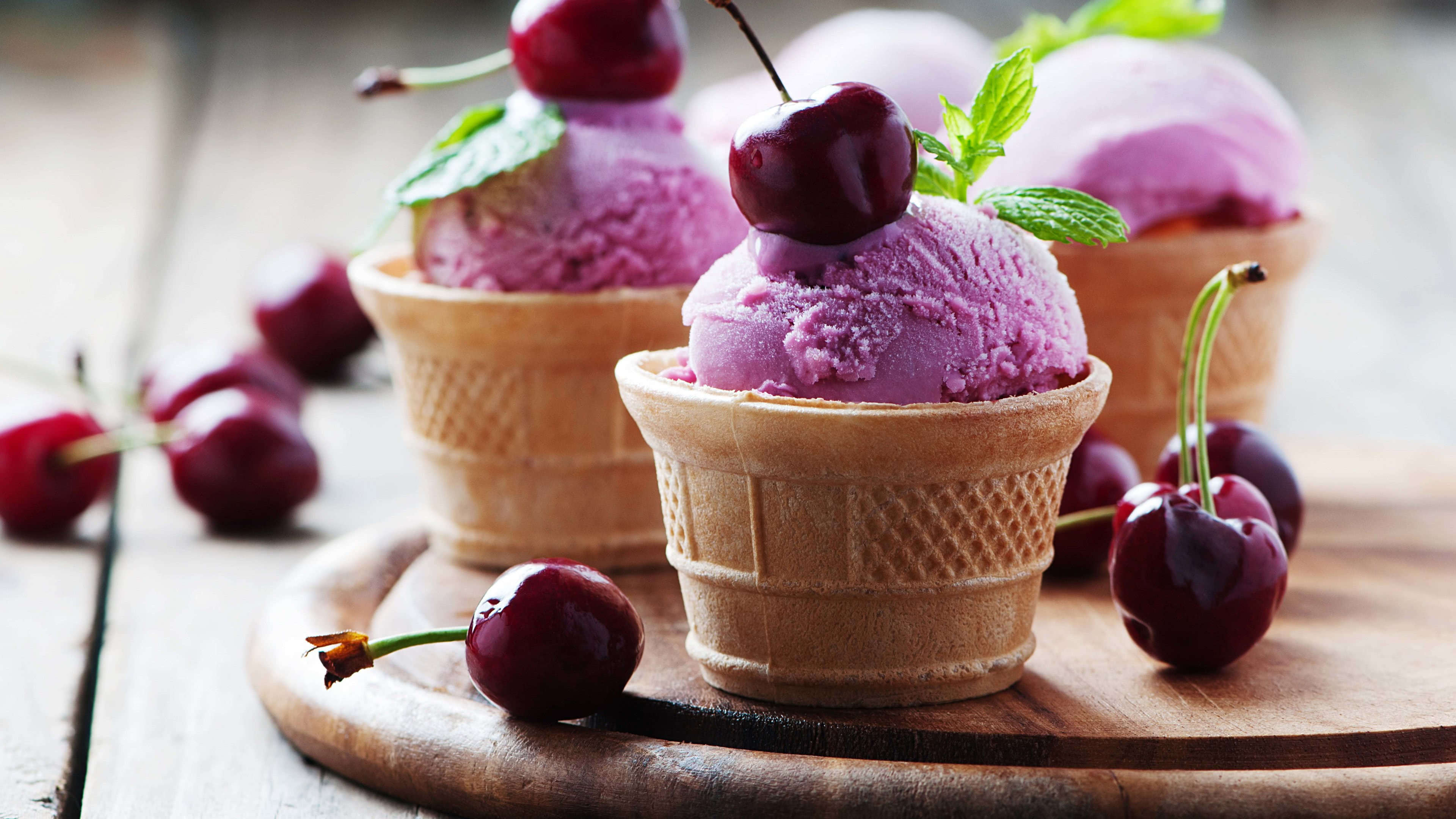 Gelato: A frozen creamy dessert made with milk, heavy cream, and sugar, Cherries. 3840x2160 4K Background.