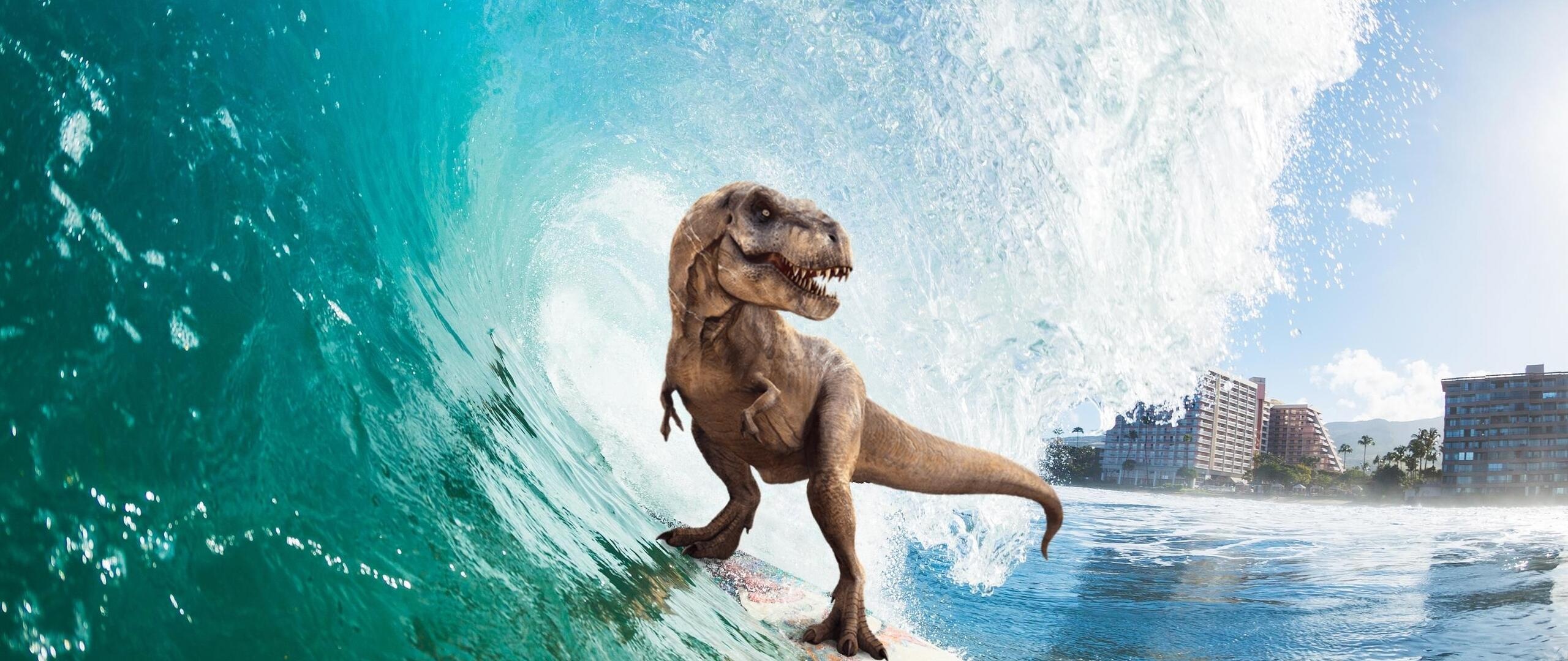 Surfing t-rex, High definition wallpaper, 4K display, Playful design, 2560x1080 Dual Screen Desktop