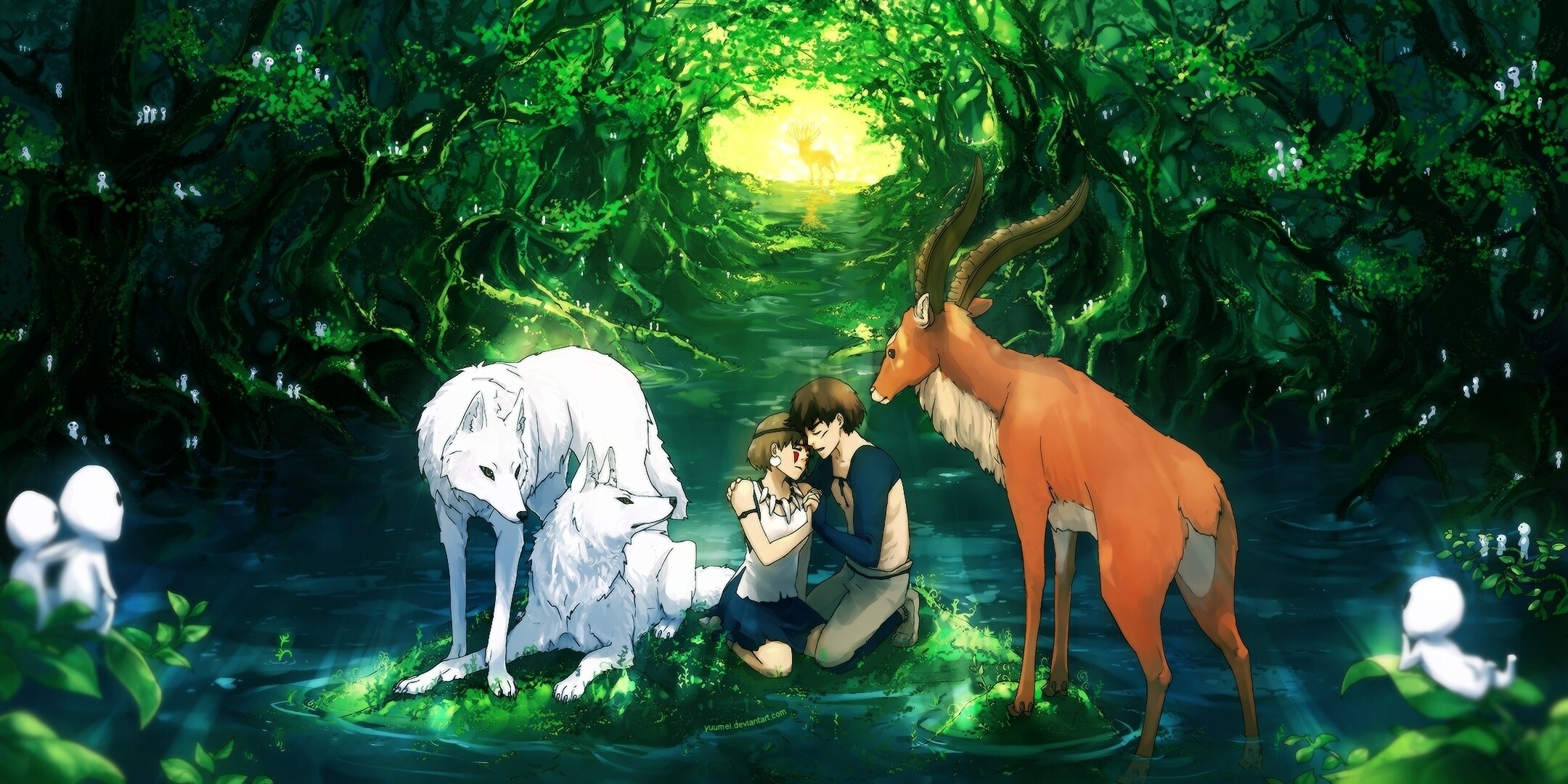 Princess Mononoke: The story follows a young Emishi prince named Ashitaka, A struggle between the gods of a forest and the humans. 2160x1080 Dual Screen Background.