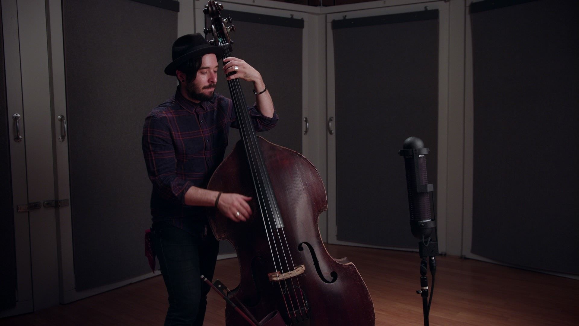 Double Bass: Ebony Fingerboard, The Pegbox And The Tuning Mechanism, Studio Recording. 1920x1080 Full HD Background.