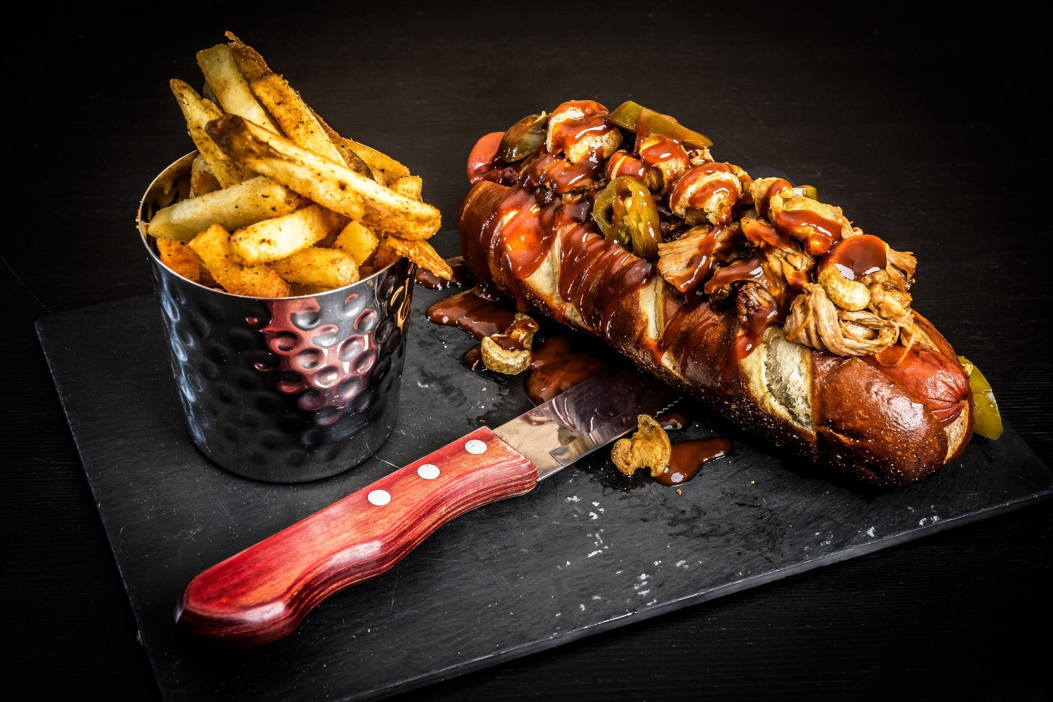 Hot dog wallpaper, Grilled sausage, Wooden background, Food photography, 2050x1370 HD Desktop