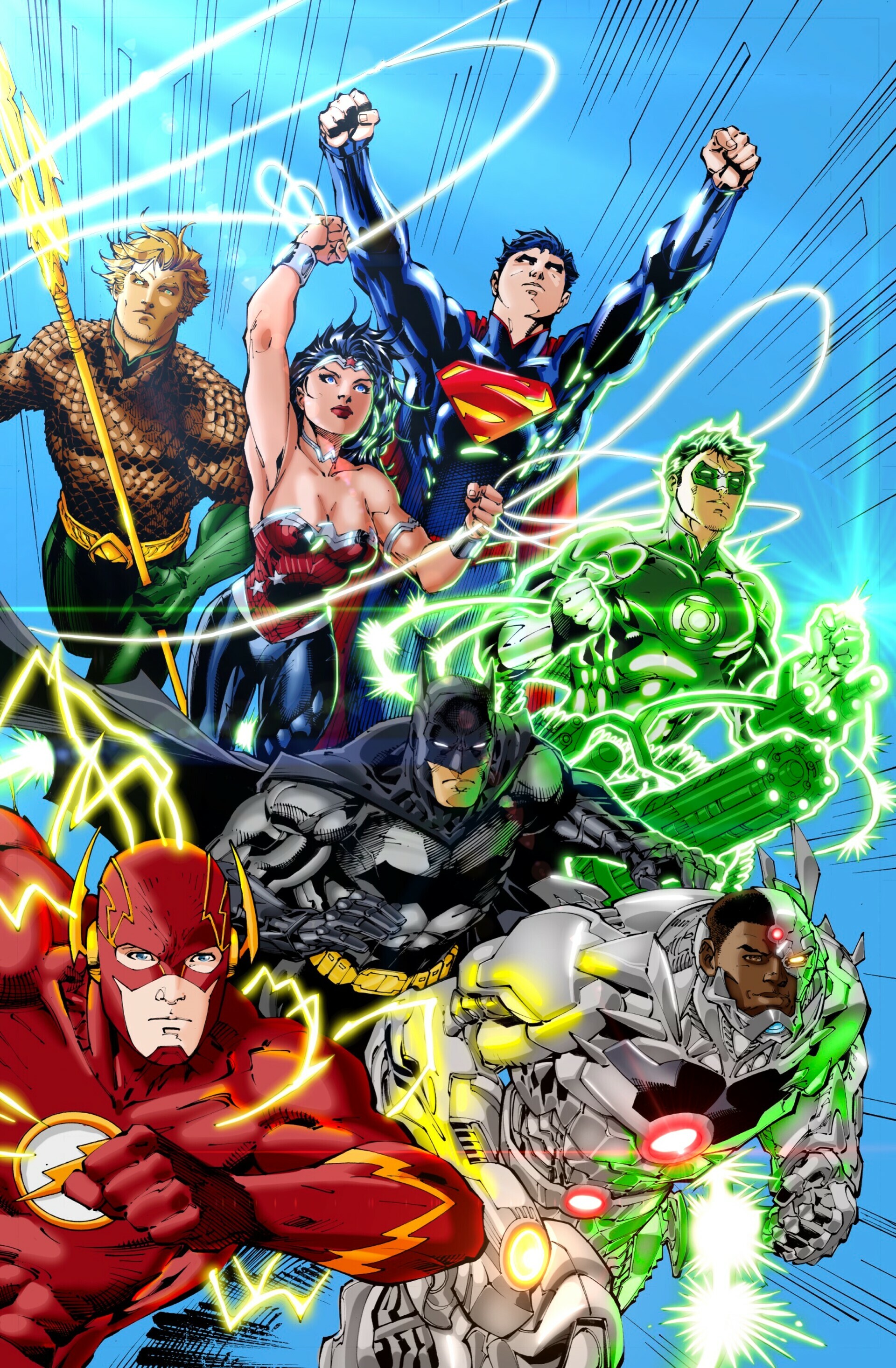 DC Heroes: Batman, Superman, Wonder Woman, Green Lantern, Flash, Aquaman, Cyborg. 1920x2940 HD Background.
