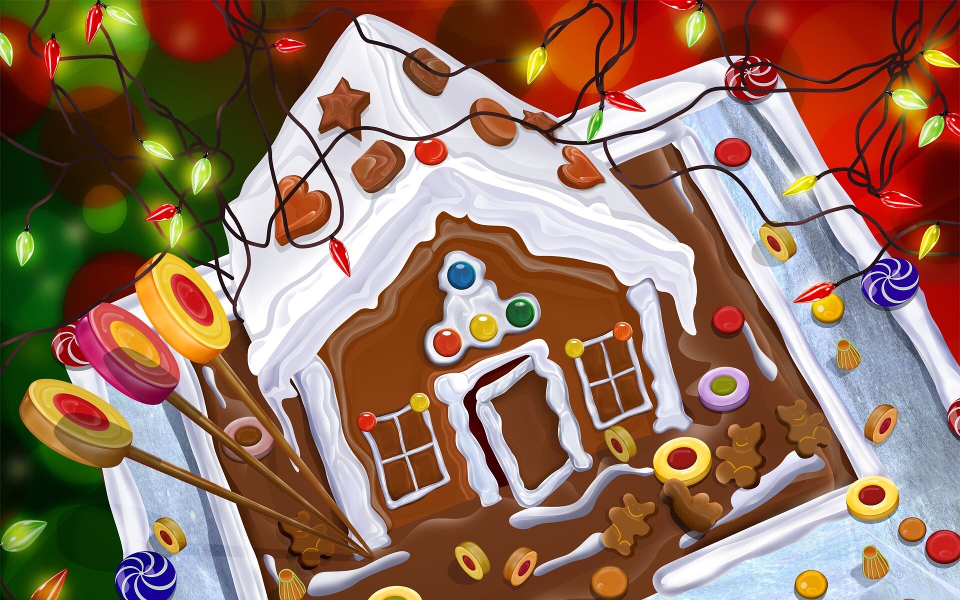 Gingerbread House: Gingerbread men, Christmas-themed biscuits, Sprinkles, Edible pearls, Christmas-bulb candies. 1920x1200 HD Background.
