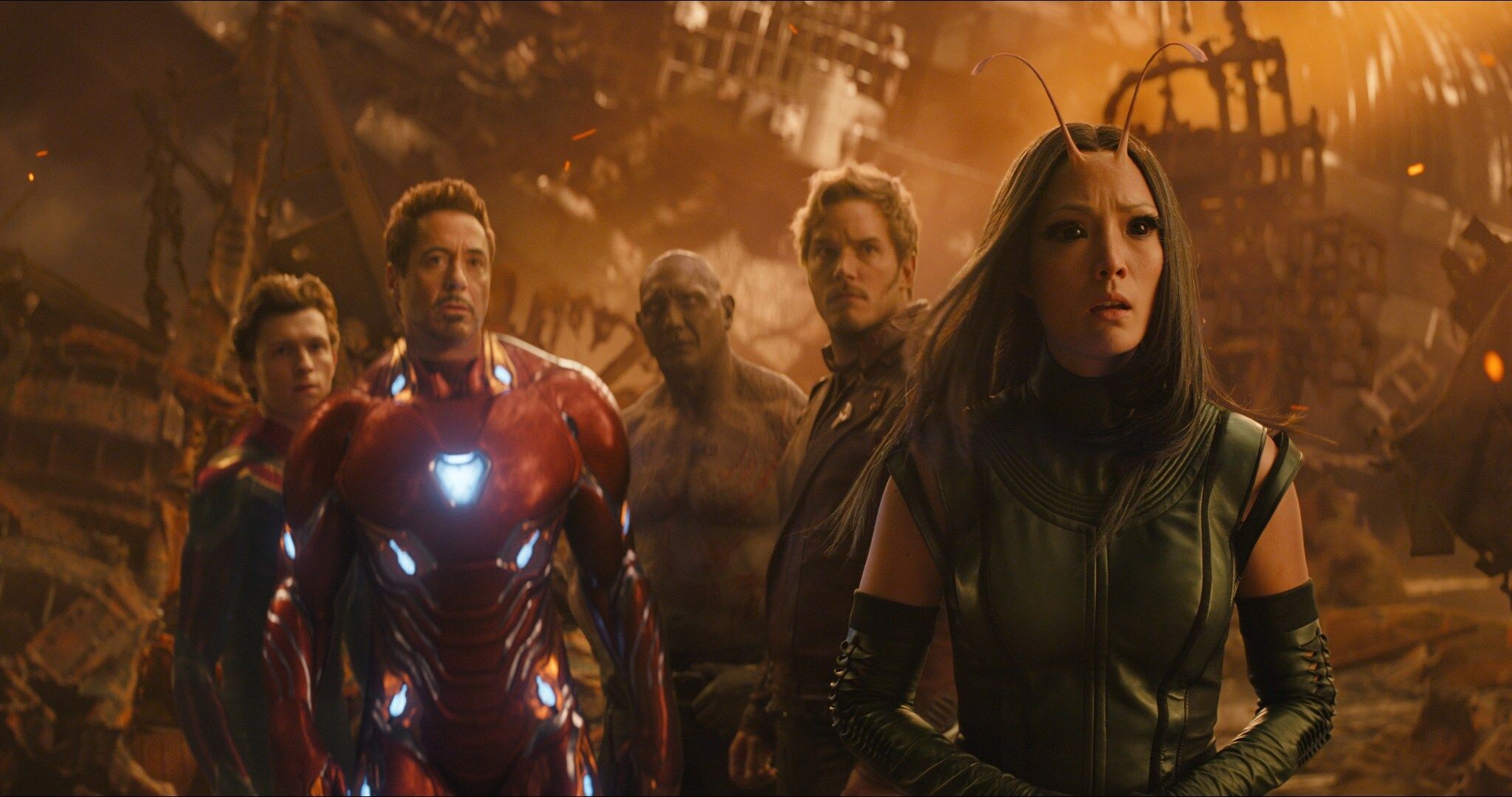 Pom Klementieff: Mantis, Marvel, Robert Downey Jr. as Tony Stark, Chris Pratt as Peter Quill, Tom Holland as Peter Parker. 2050x1080 HD Background.