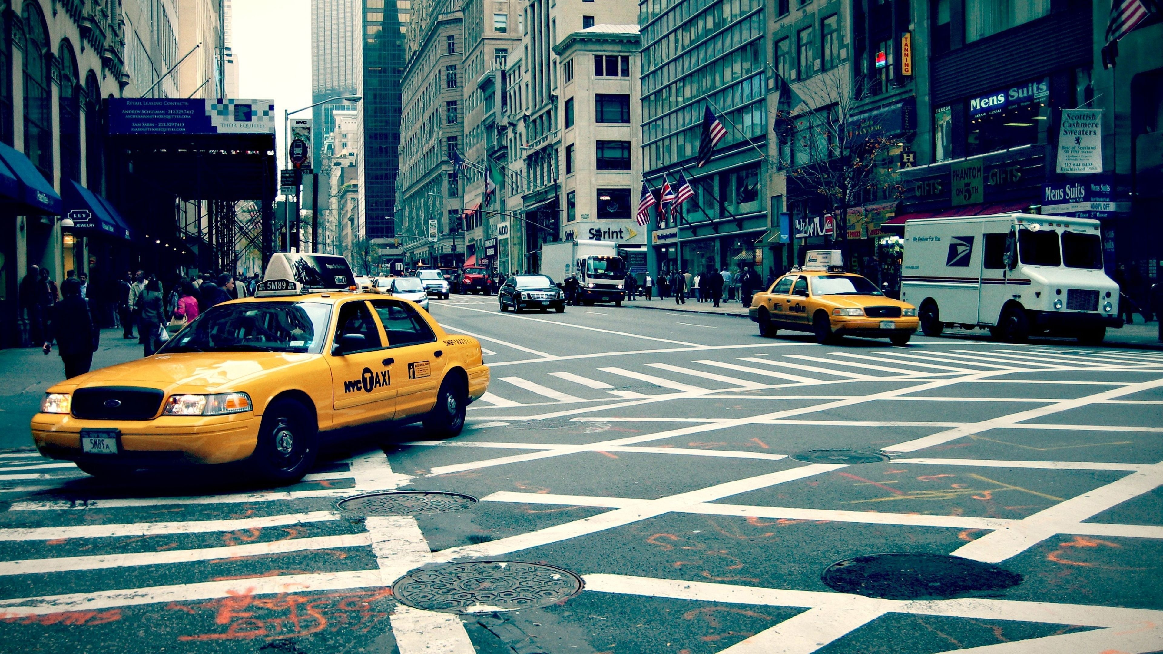 Taxi: A vehicle for hire with a driver, New York. 3840x2160 4K Background.