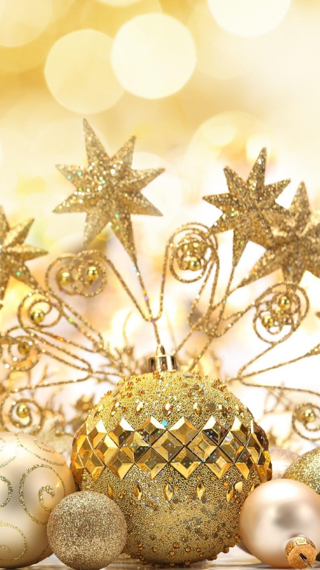 Gold Star: A personalized Christmas bauble, Glitter Xmas tree's decoration, Stars ornaments. 1080x1920 Full HD Wallpaper.