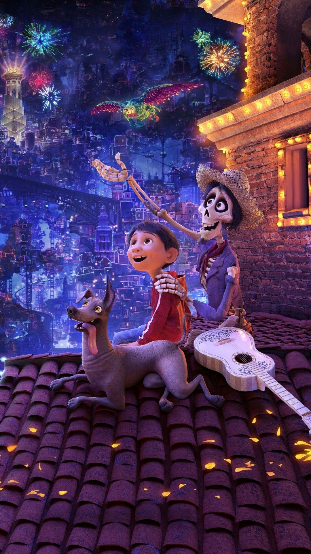 Coco (Cartoon): In Disney-Pixar's vibrant tale of family, fun, and adventure, an aspiring young musician named Miguel embarks on an extraordinary journey to the magical land of his ancestors. 1080x1920 Full HD Wallpaper.