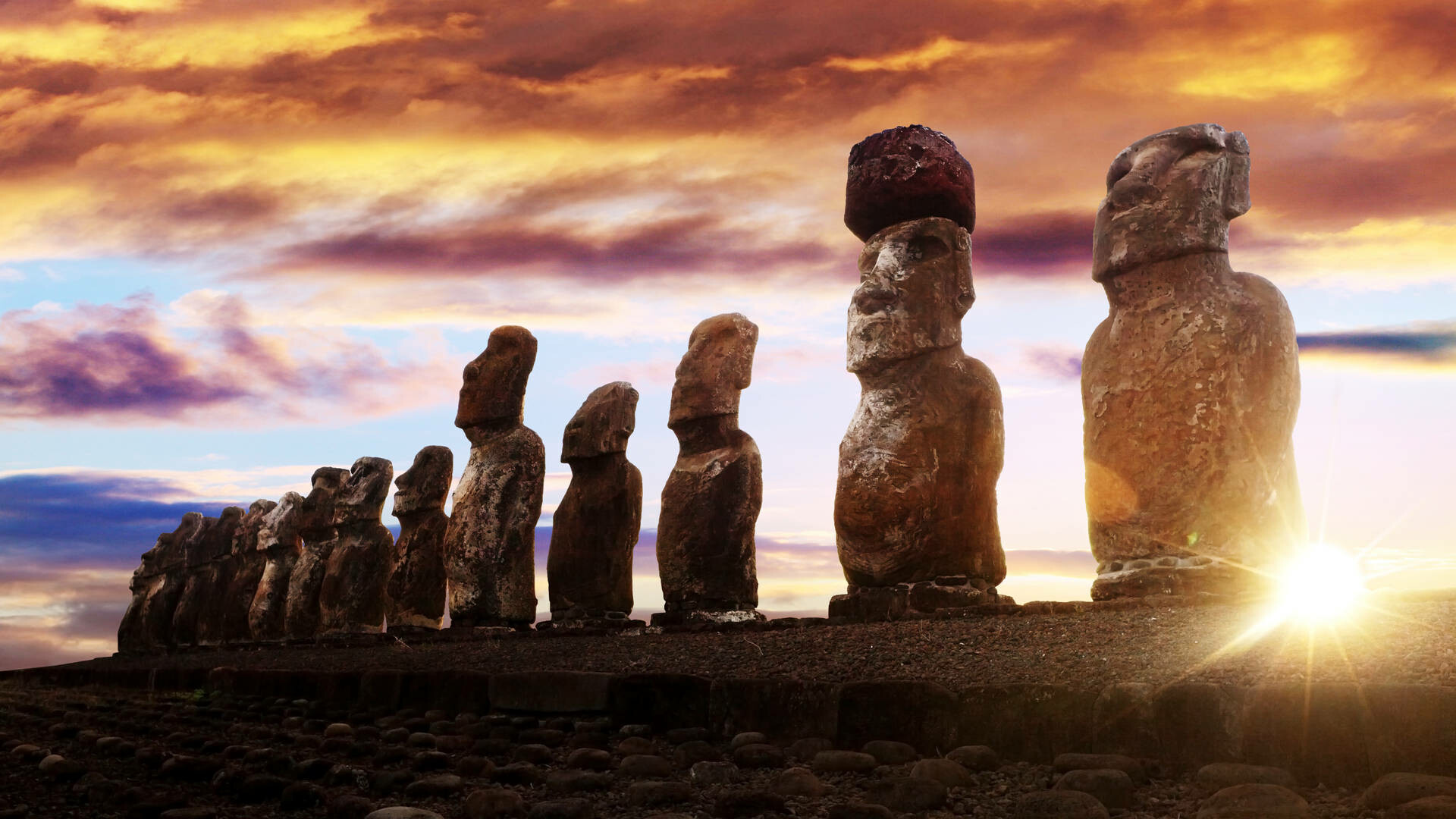 Moai: Rapa Nui, Ahu Tongariki, Easter Island, Sculptures, Chile. 1920x1080 Full HD Wallpaper.