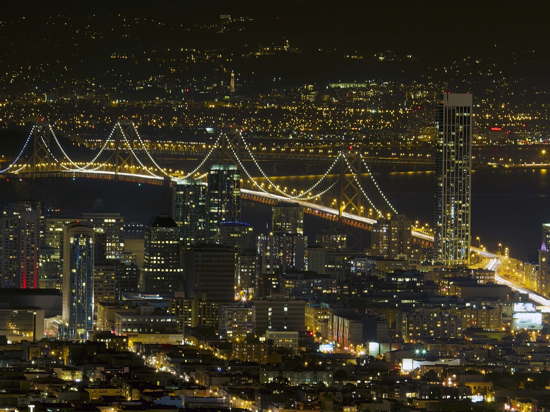 San Francisco: Oakland, Bay Bridge, Night scene, SFC, Skyline, United States of America. 1920x1440 HD Wallpaper.