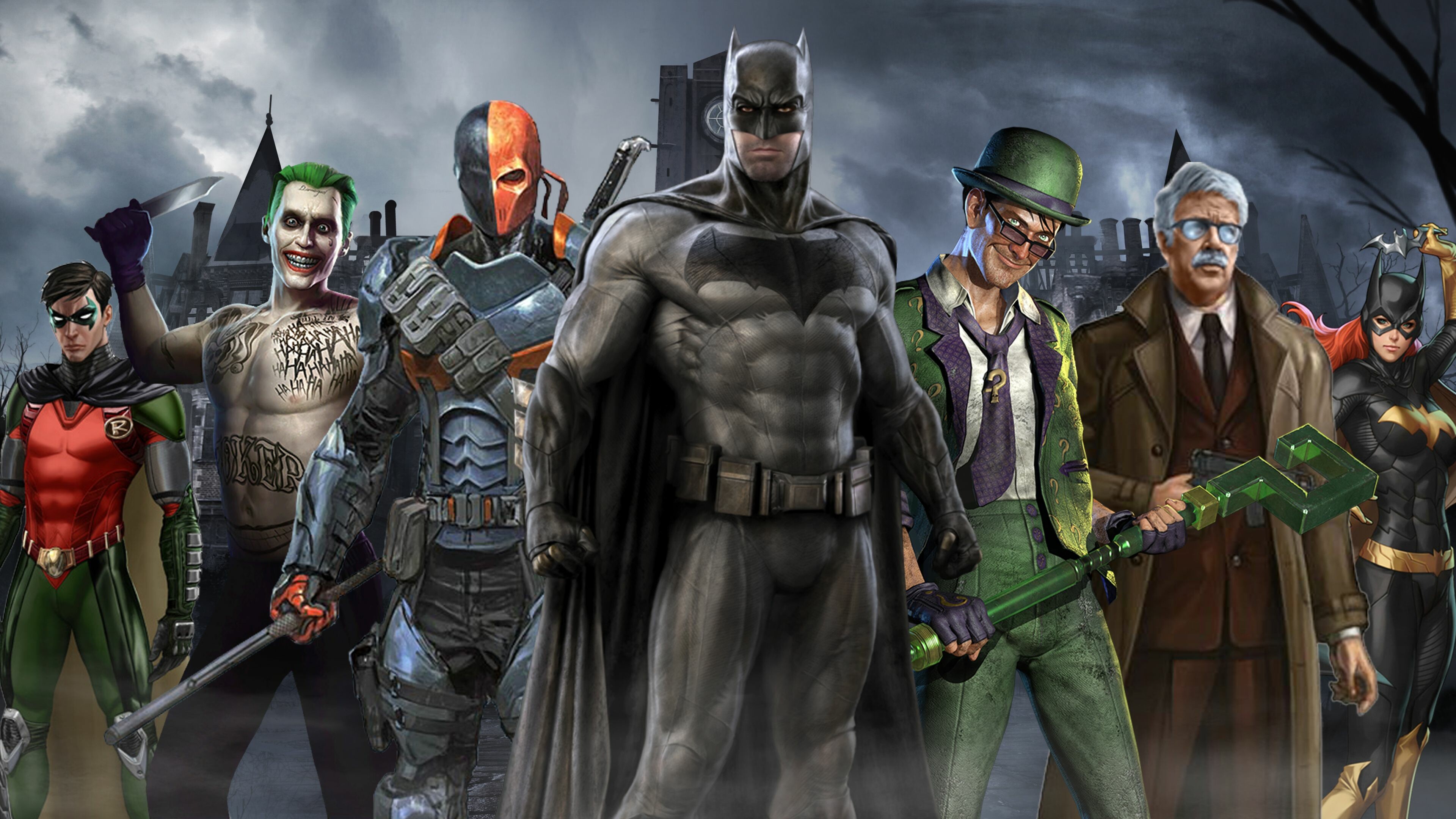 DC: Superheroes, Batman, Jim Gordon, Riddler, The Joker, Robin, Batgirl, Deathstroke. 3840x2160 4K Wallpaper.