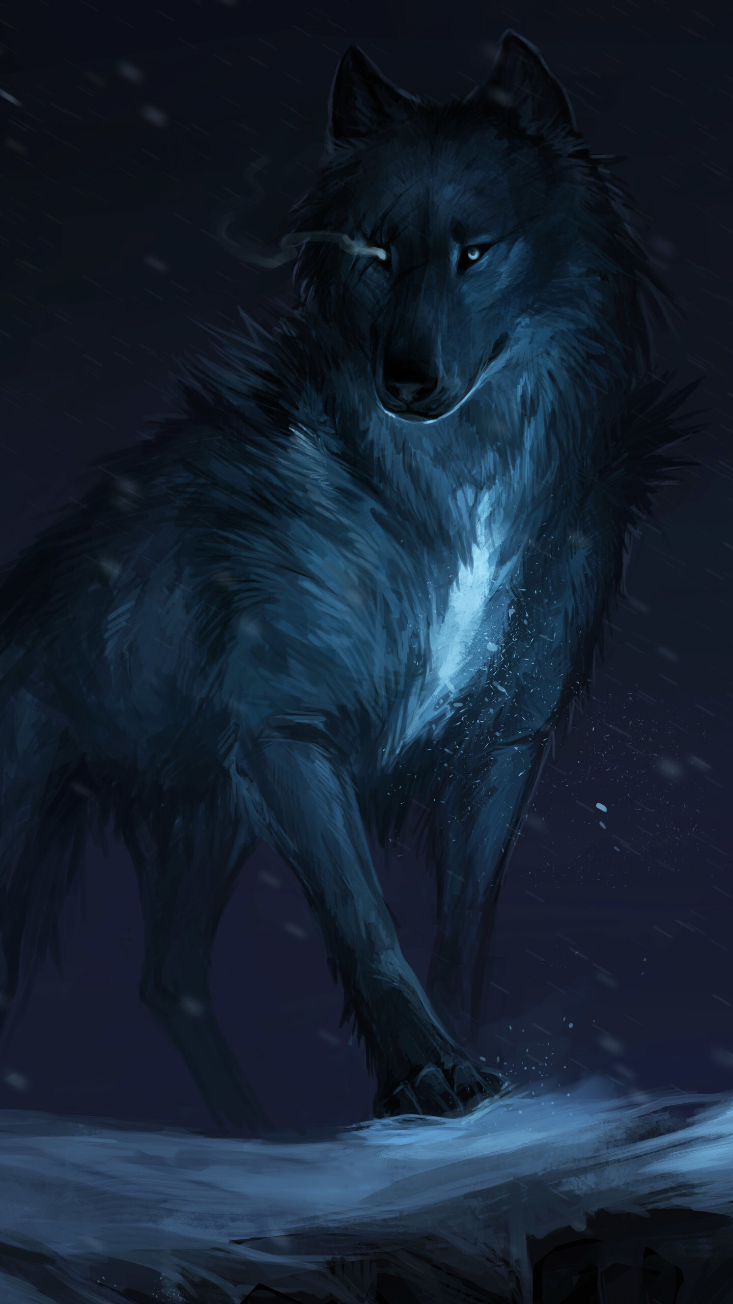 Wolf: In warm climates, the fur is coarser and scarcer than in northern wolves, Painting. 1440x2560 HD Wallpaper.