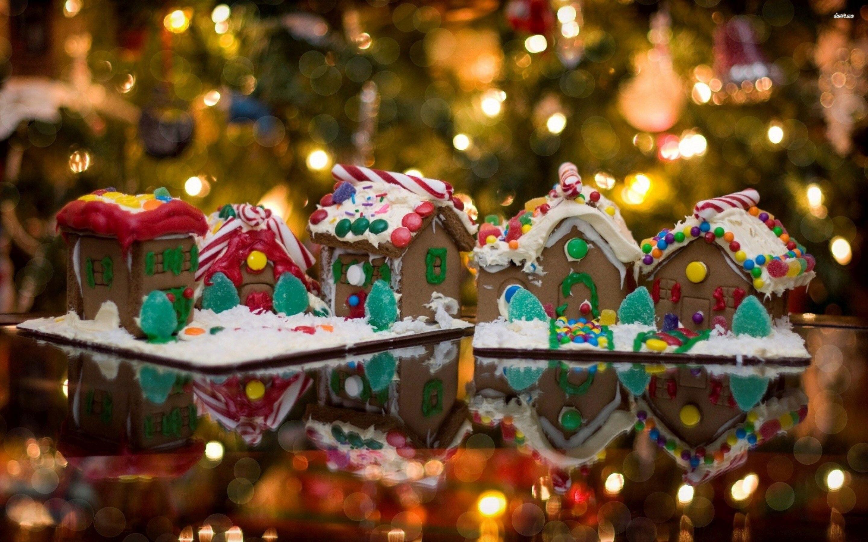 Gingerbread House: Christmas lights, Marshmallows, The spicy dough, Candy sticks, Extravagant gingerbread structures. 2880x1800 HD Background.