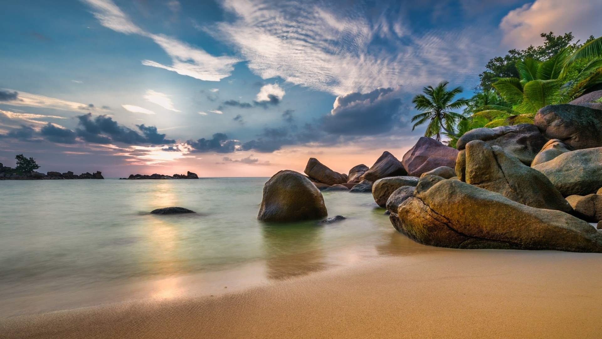 Seychelles boulders, Coastal beauty, Palm-fringed beaches, Stunning rock formations, 1920x1080 Full HD Desktop