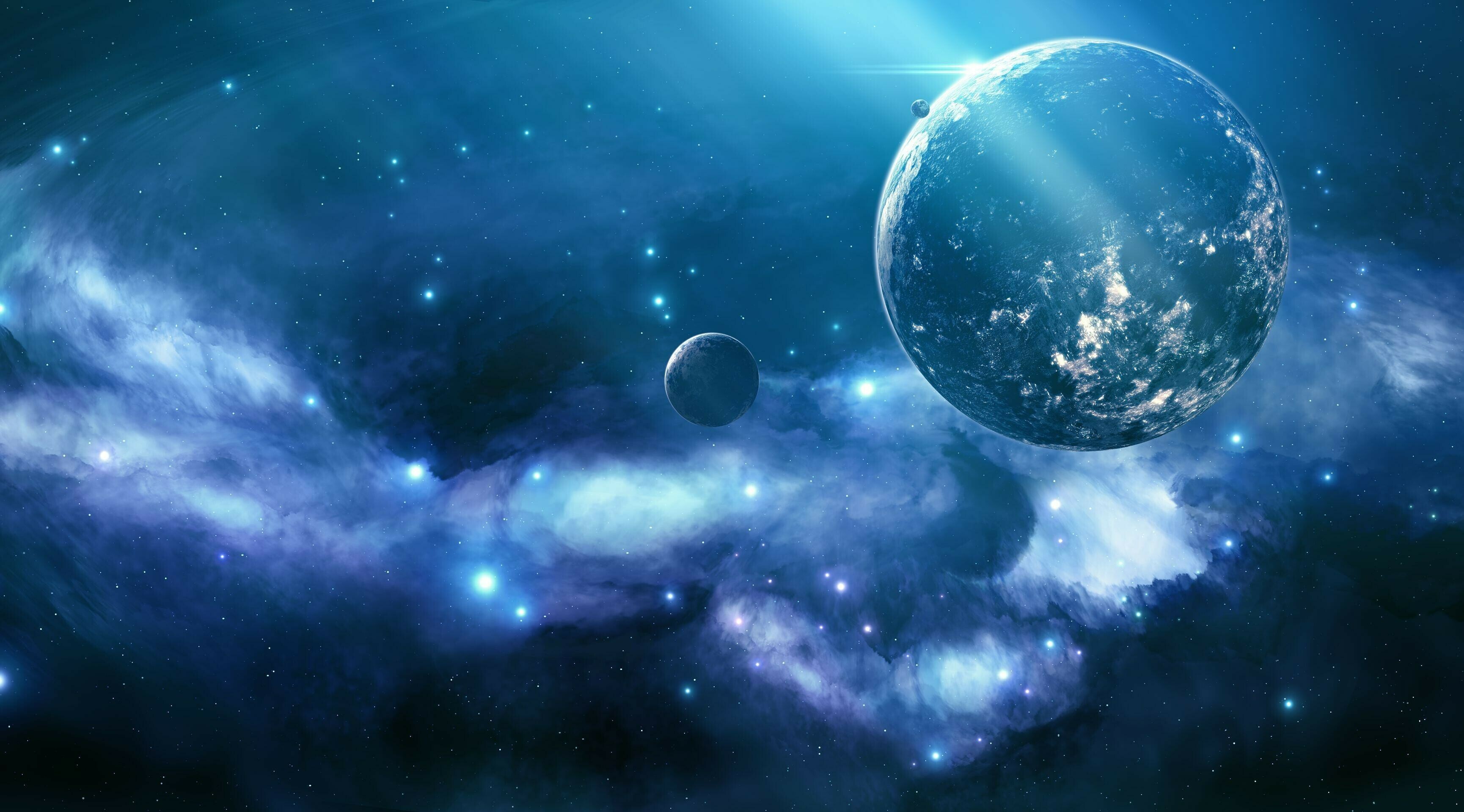 Outer Space: Astronomical units, Cosmic rays, Callisto, Infinite, Gravitation. 3460x1920 HD Background.