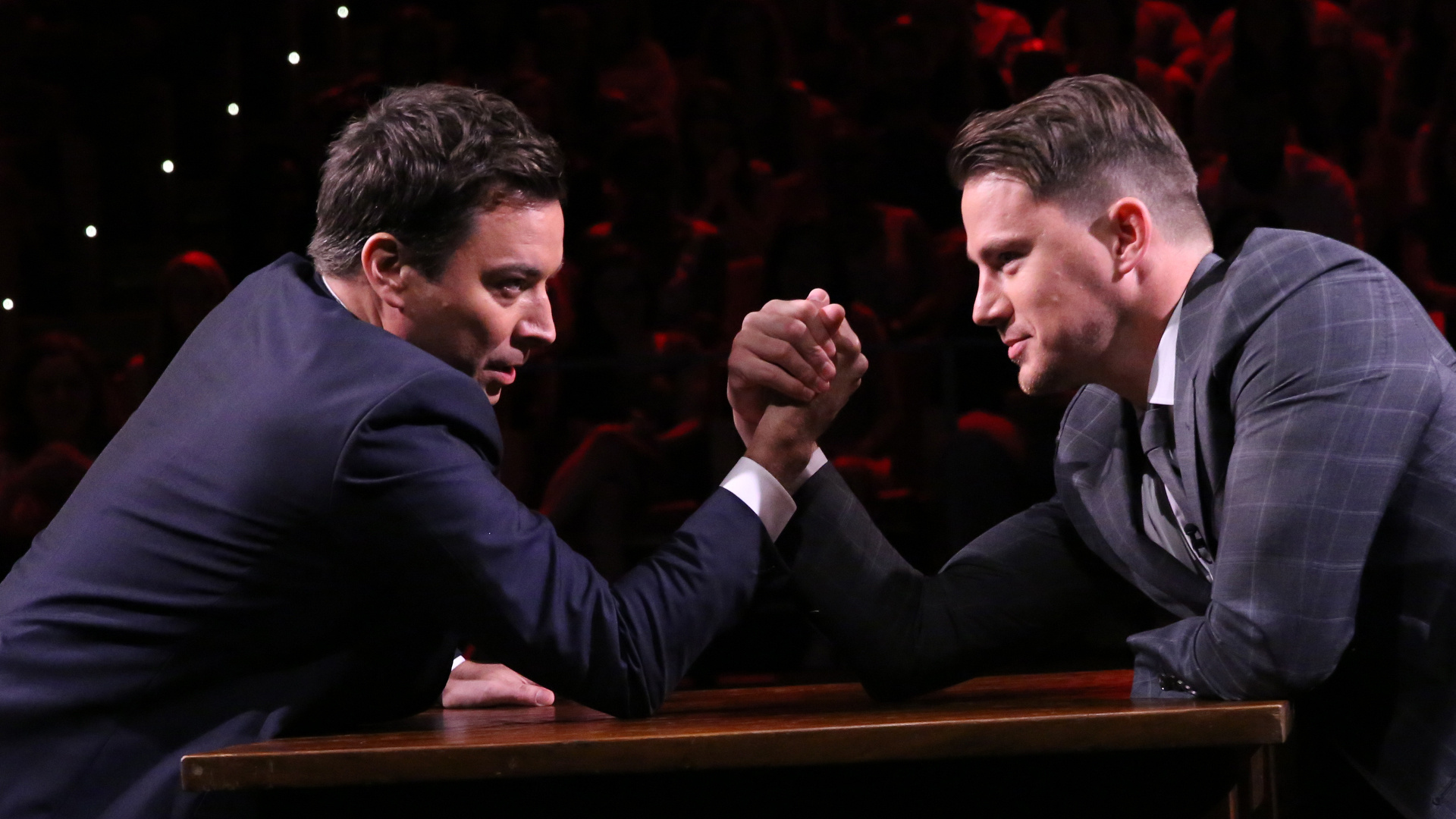 Arm Wrestling: Jimmy Fallon Jokingly Wrestles on Hands With Channing Tatum, The Tonight Show Starring Jimmy Fallon. 1920x1080 Full HD Background.